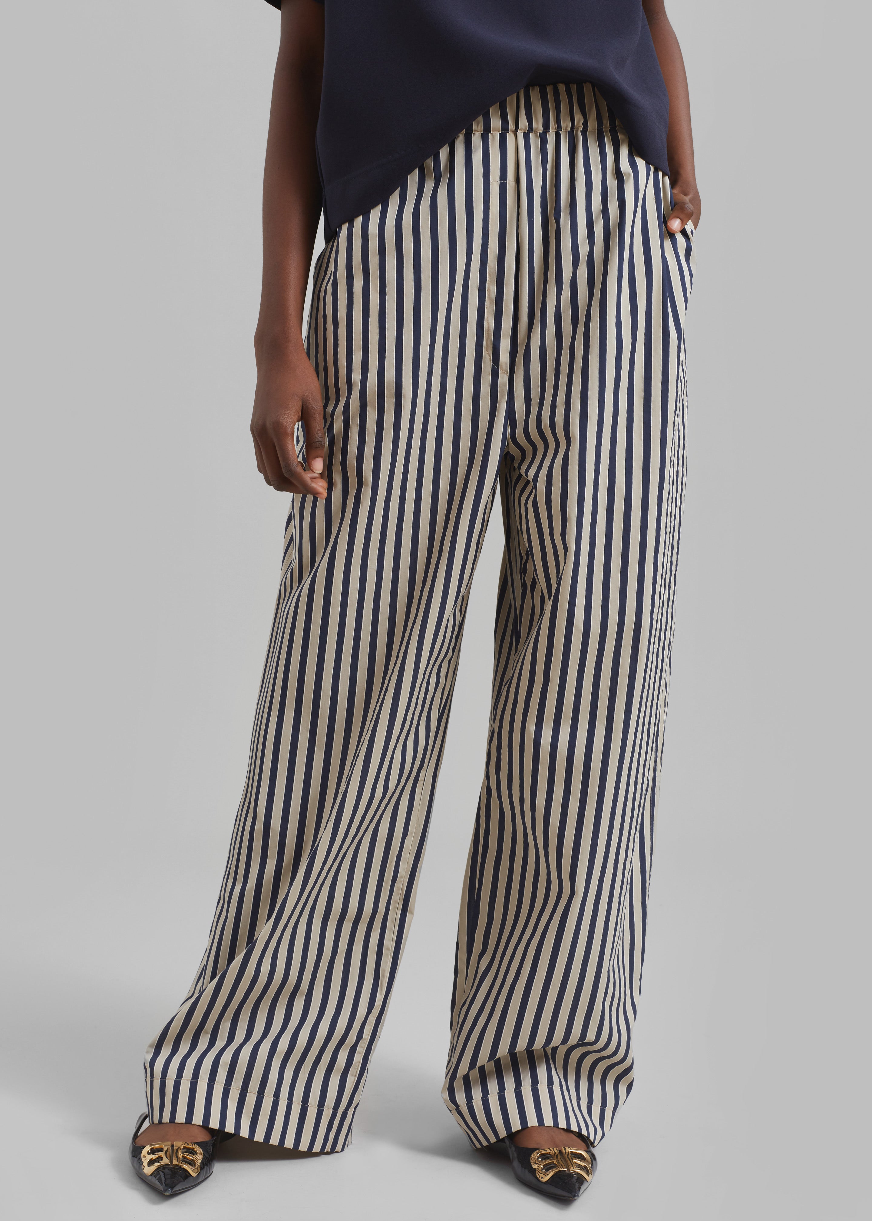 Mirca Textured Elastic Pants - Beige/Navy Multi Stripe