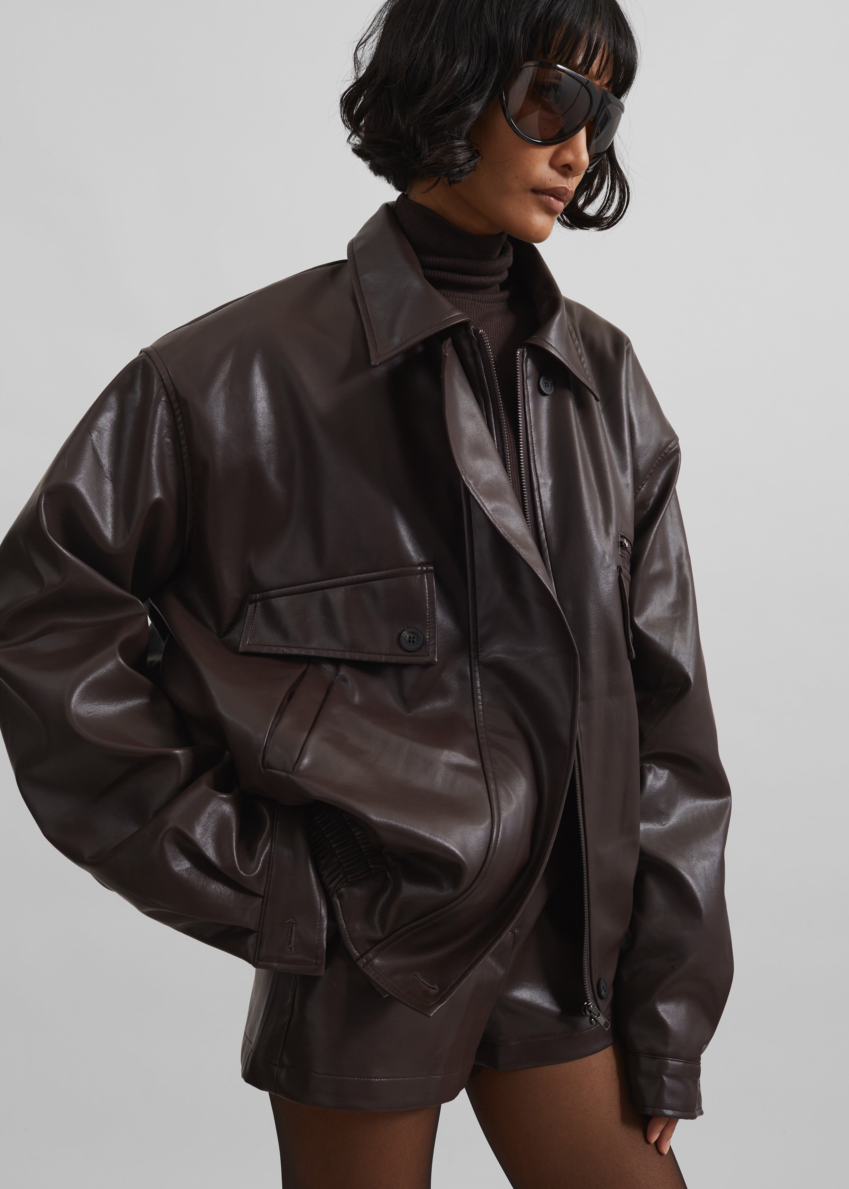 Naica Padded Faux Leather Jacket - Brown - 1