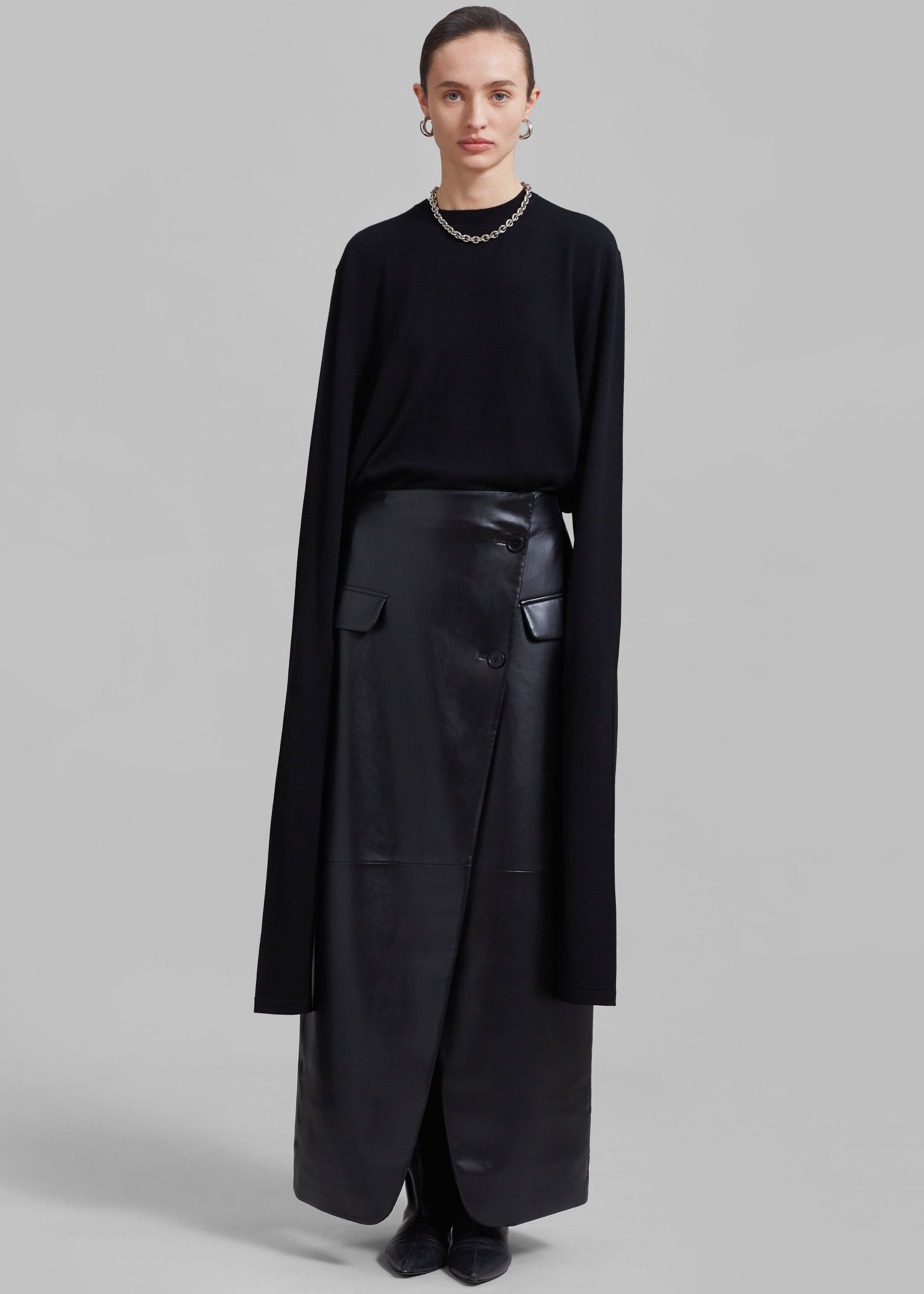 Nan Long Faux Leather Cross Skirt - Black - 6