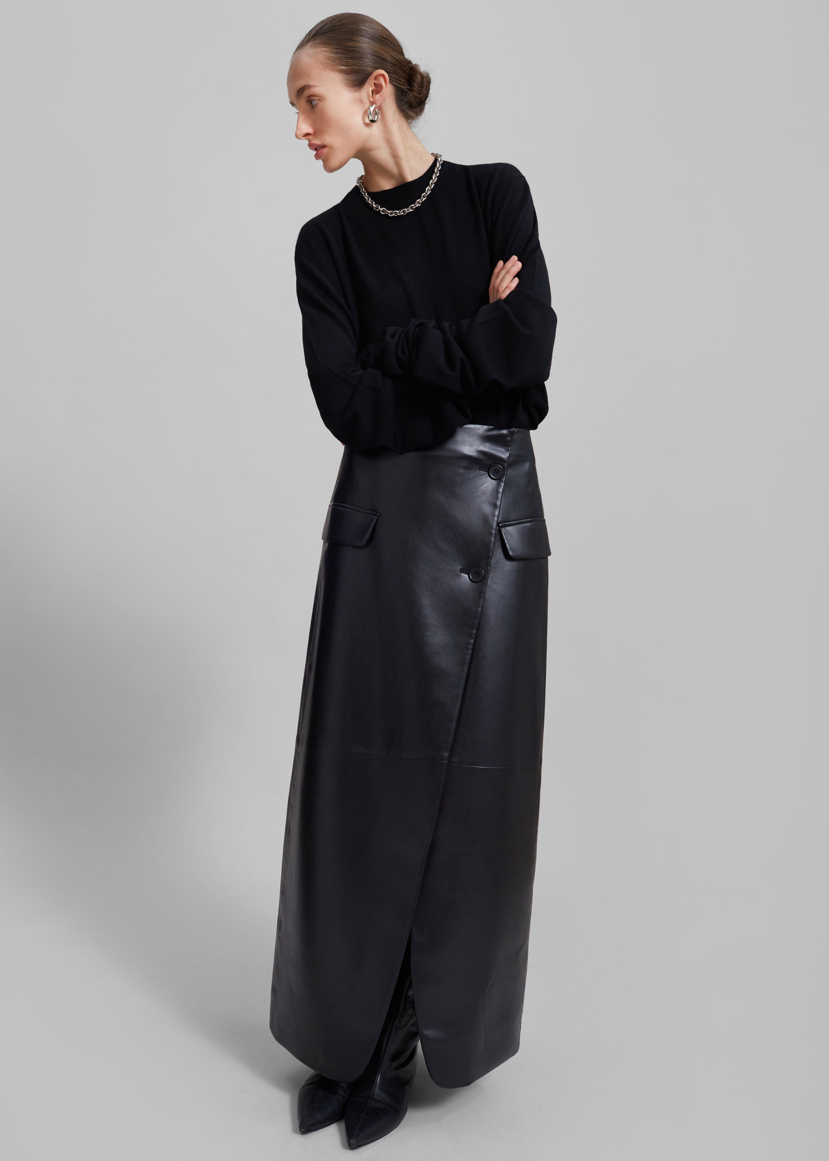 Nan Long Faux Leather Cross Skirt - Black - 1