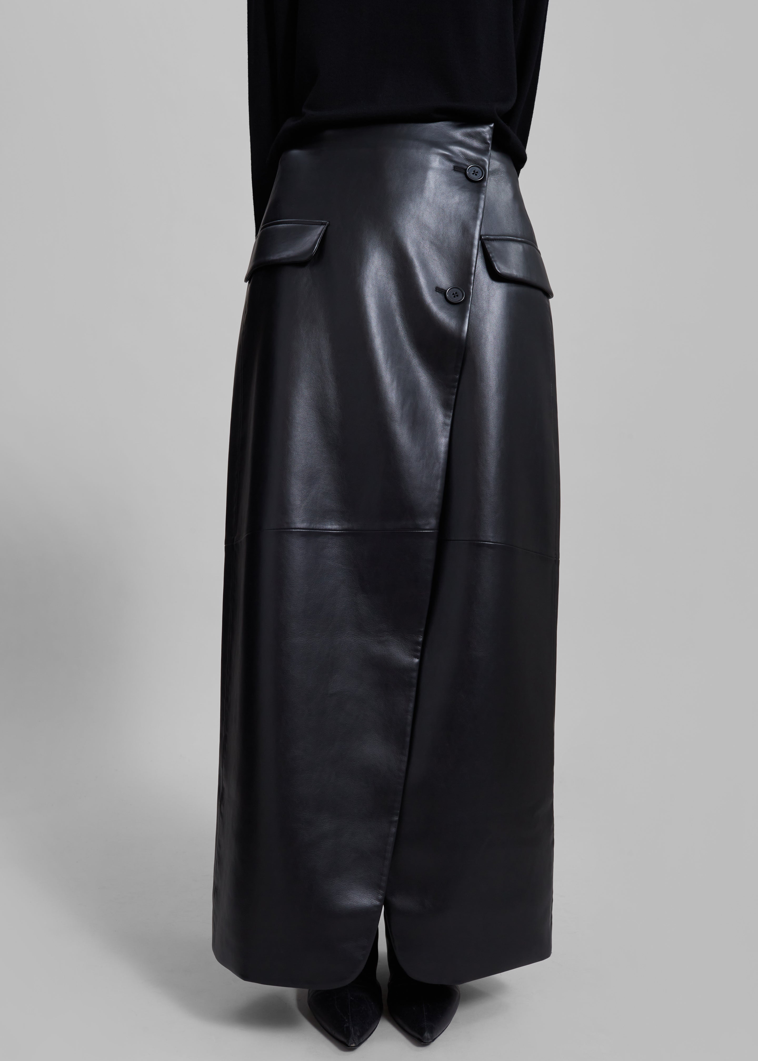 Nan Long Faux Leather Cross Skirt - Black - 5