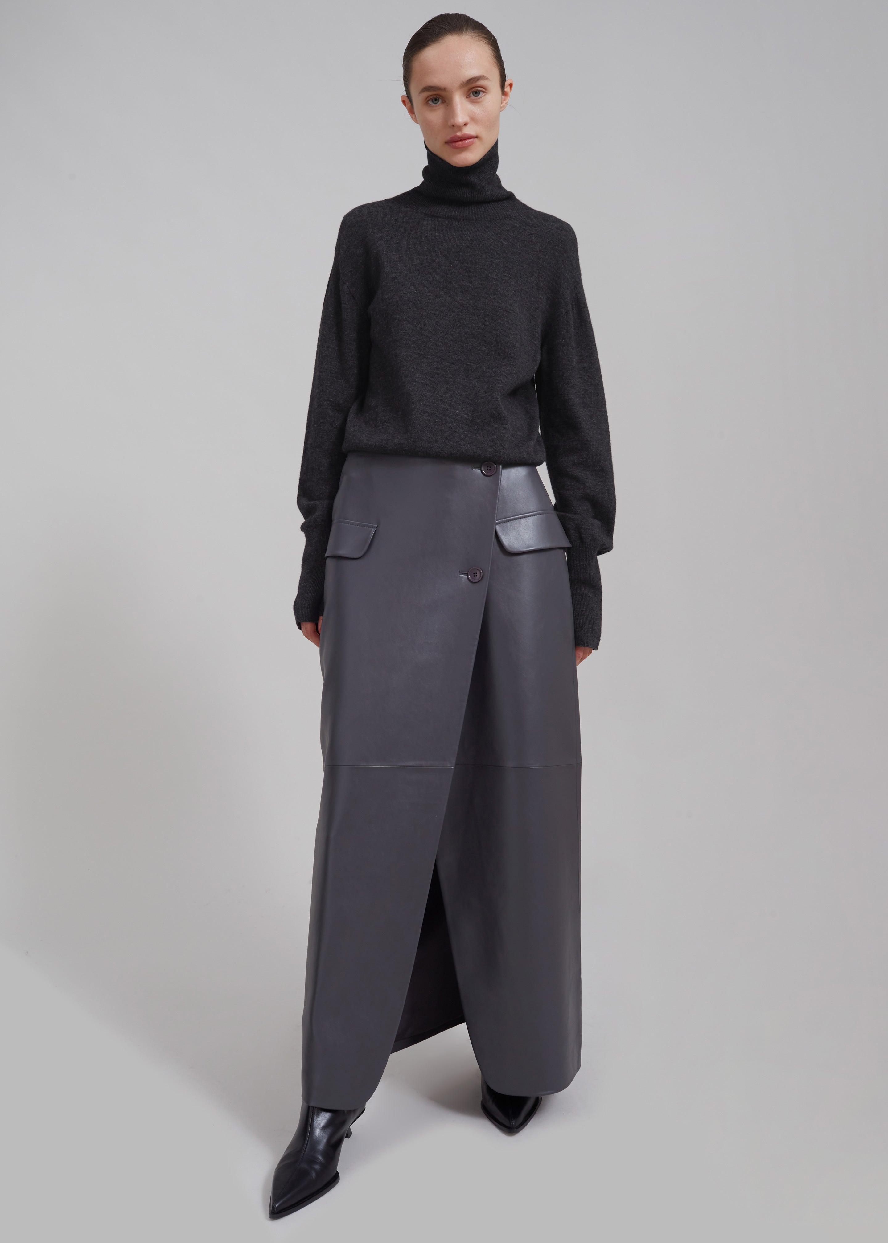 Nan Long Faux Leather Cross Skirt - Grey - 3