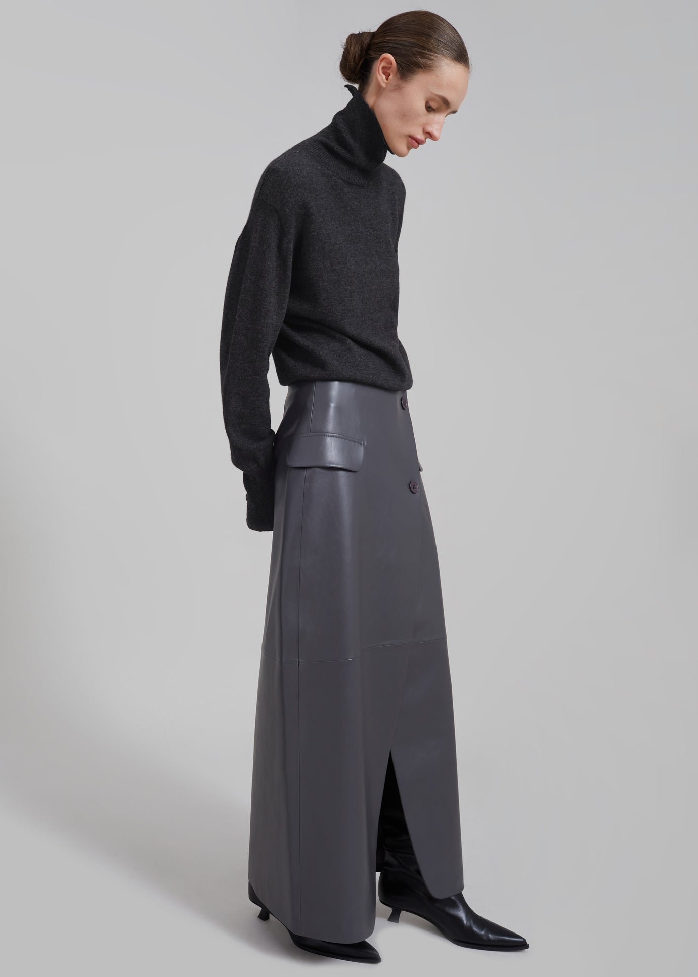 Nan Long Faux Leather Cross Skirt - Grey - 1