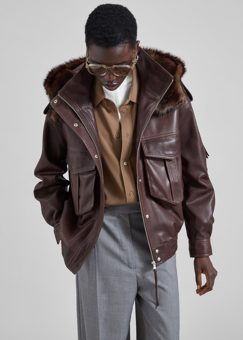Napa Leather Hooded Jacket - Brown - 1