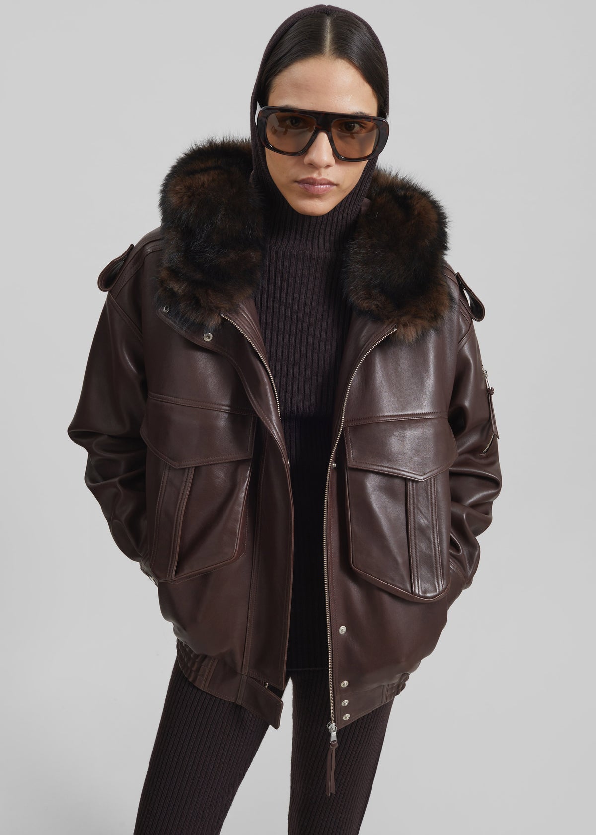 Napa Leather Hooded Jacket - Brown - 7