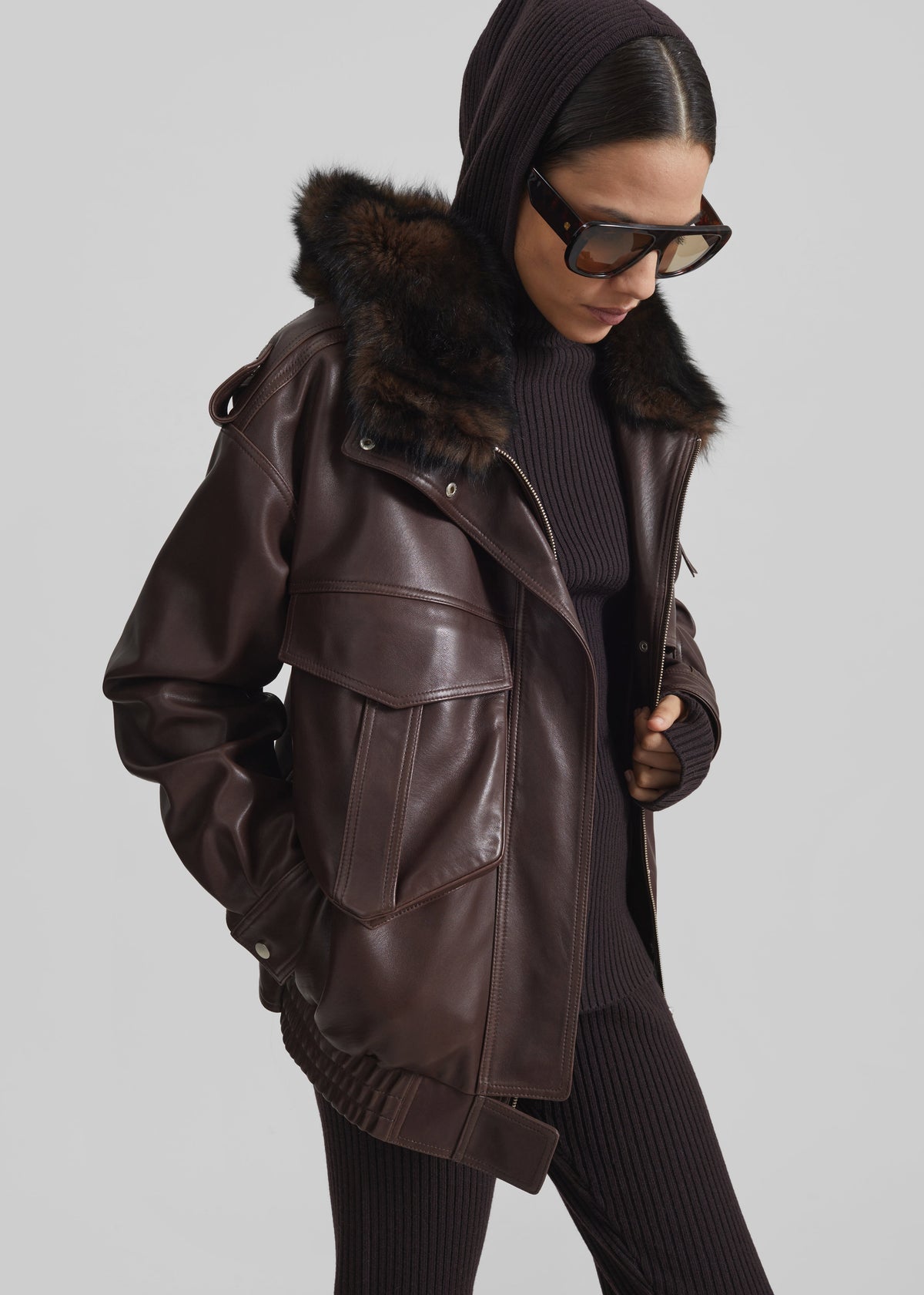 Napa Leather Hooded Jacket - Brown - 1