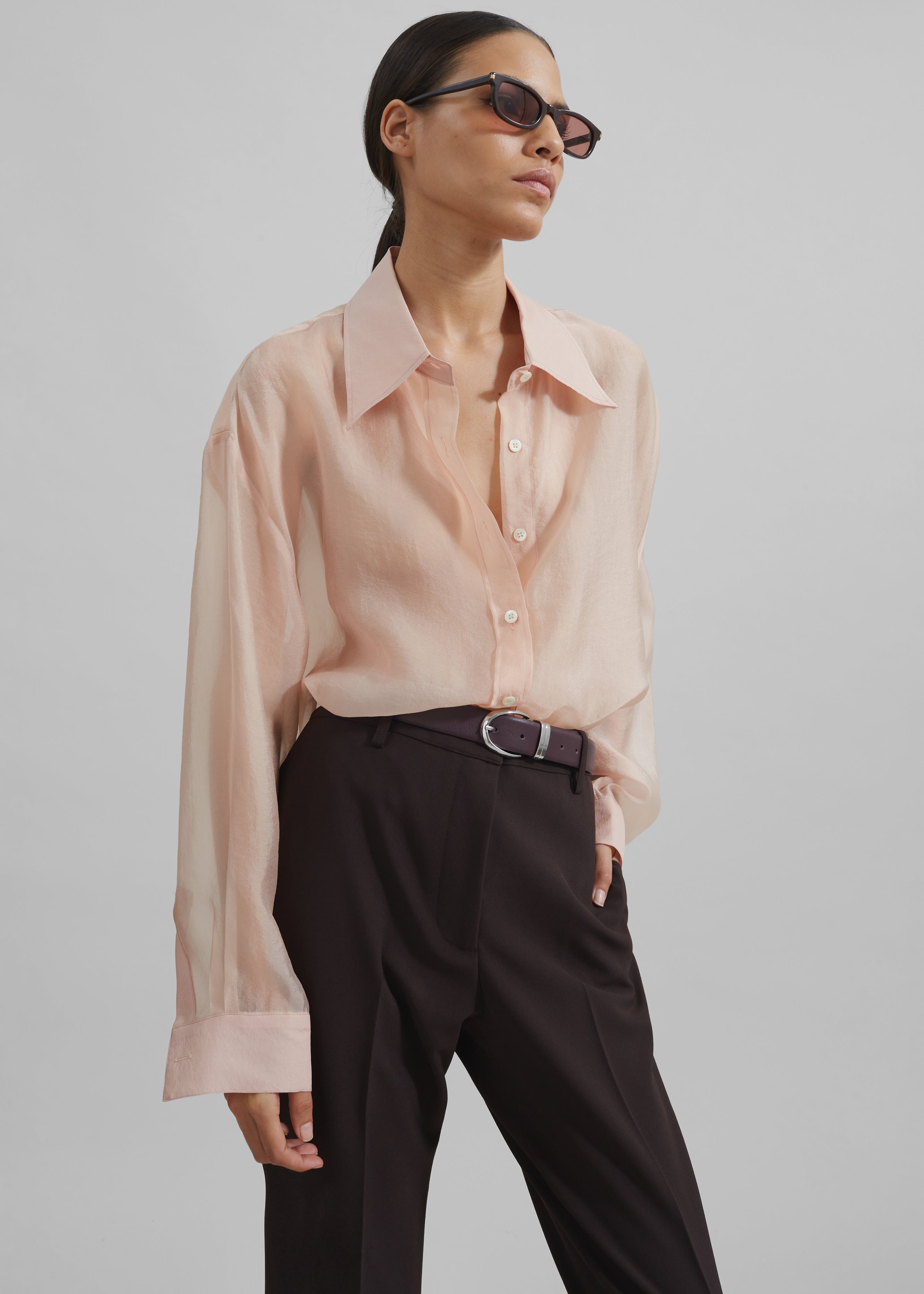 Nel Sheer Button Up Shirt - Pink - 1