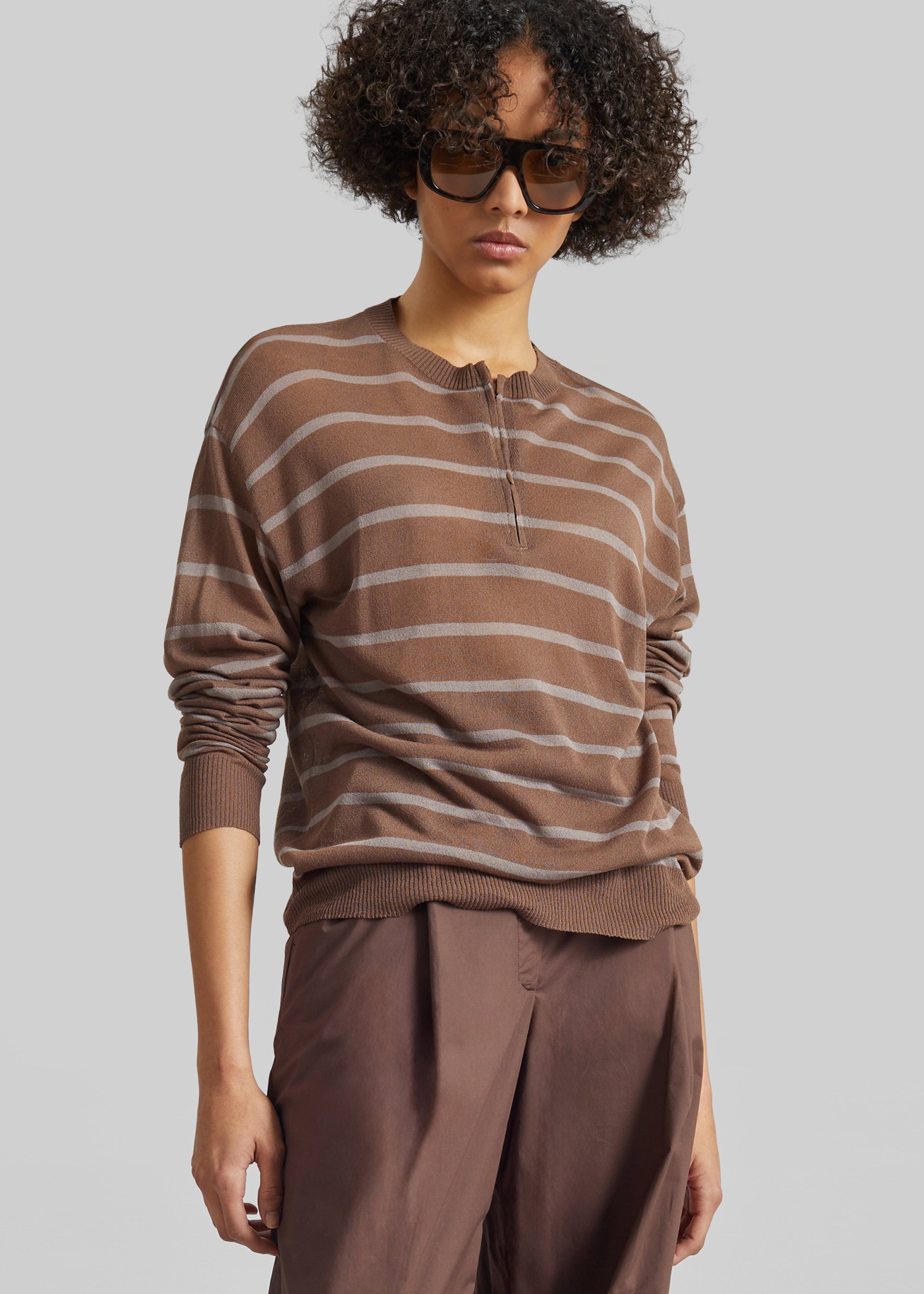 Nelas Knit Sheer Zip Pullover - Brown Stripe – The Frankie Shop Nelas Knit Sheer Zip Pullover - Brown Stripe – The Frankie Shop