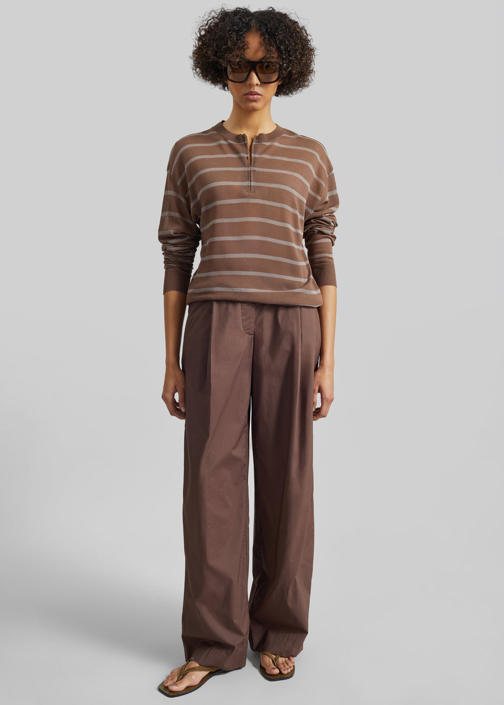 Nelas Knit Sheer Zip Pullover - Brown Stripe - 1