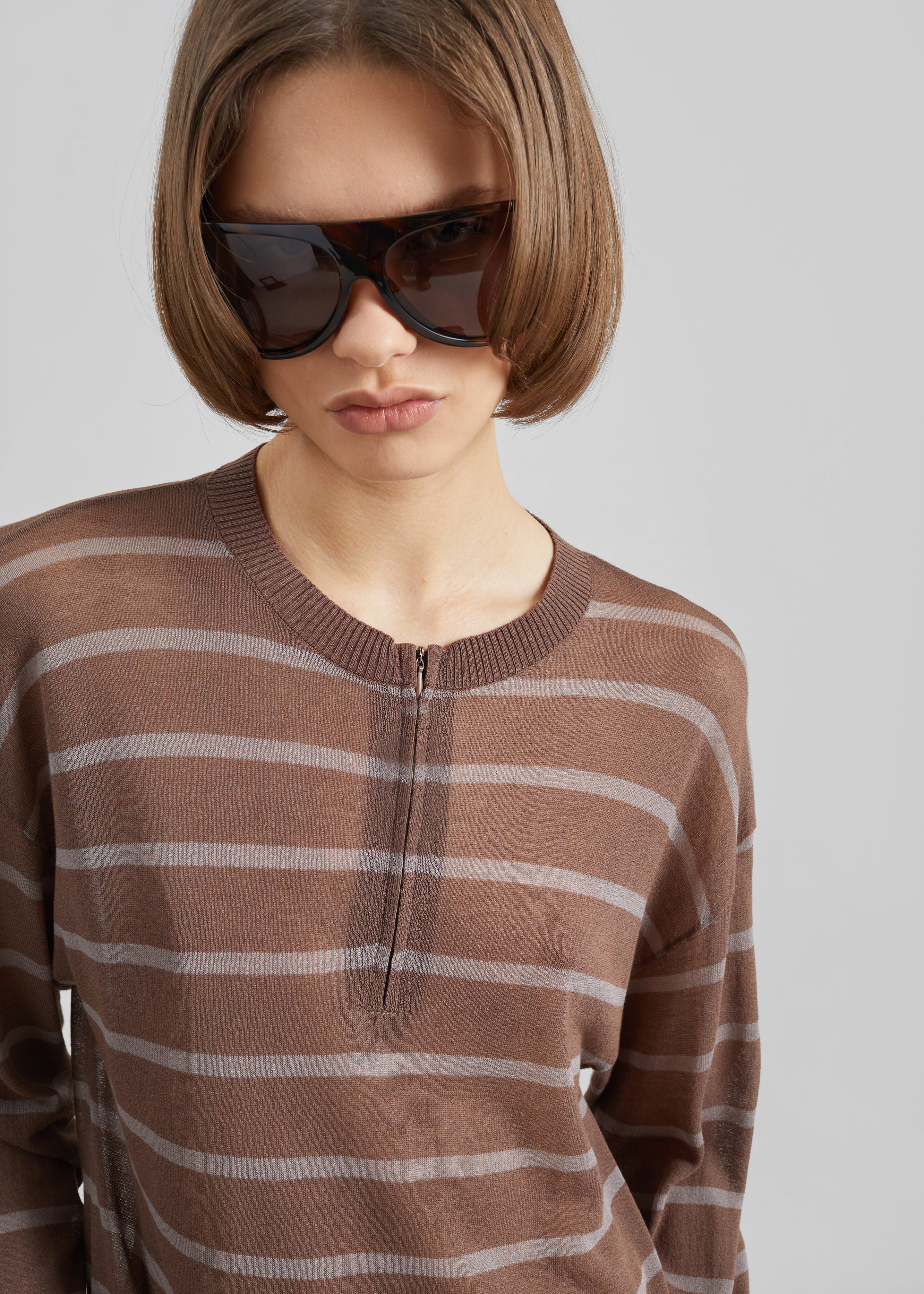 Nelas Knit Sheer Zip Pullover - Brown Stripe – The Frankie Shop