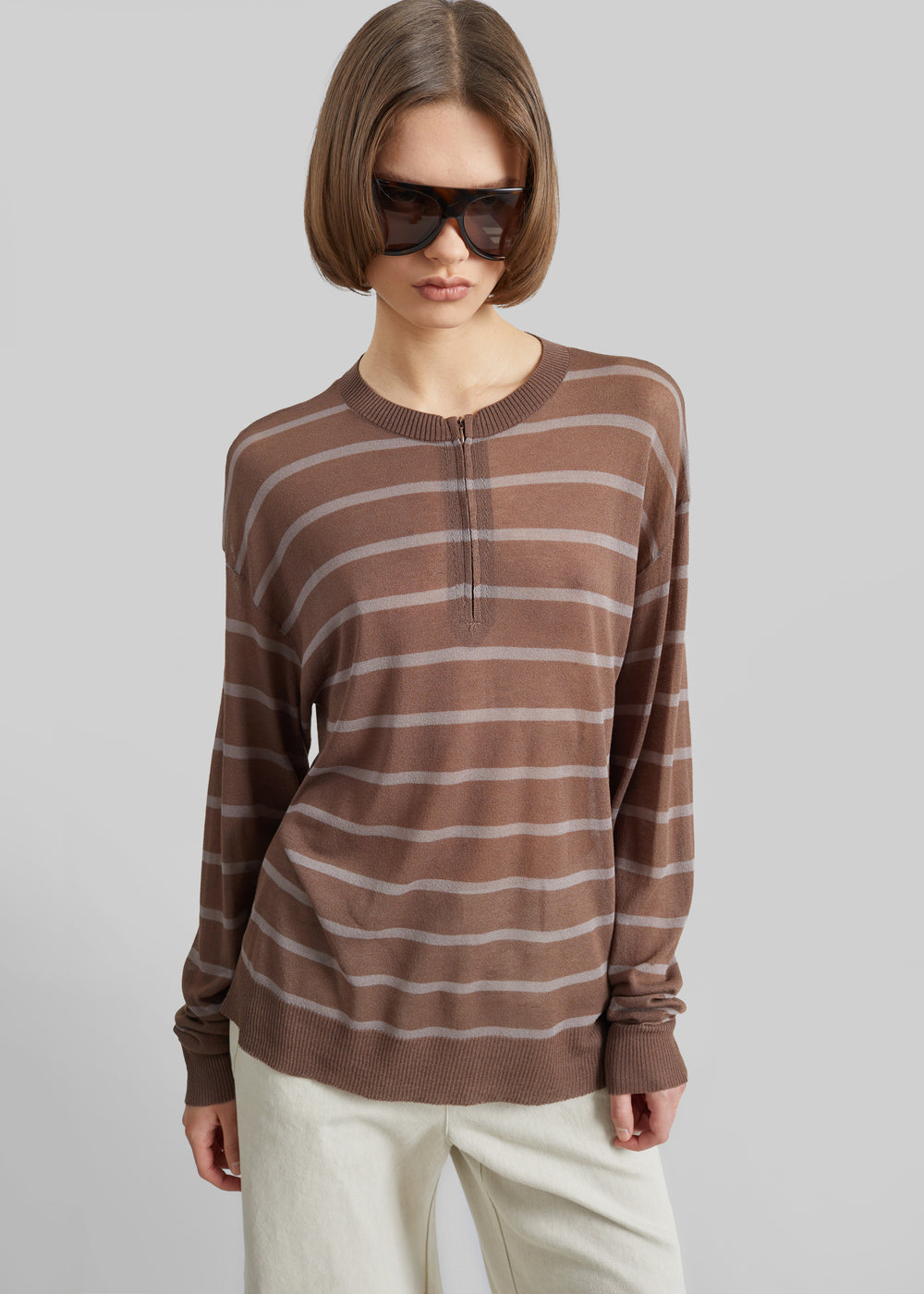 Nelas Knit Sheer Zip Pullover - Brown Stripe - 1