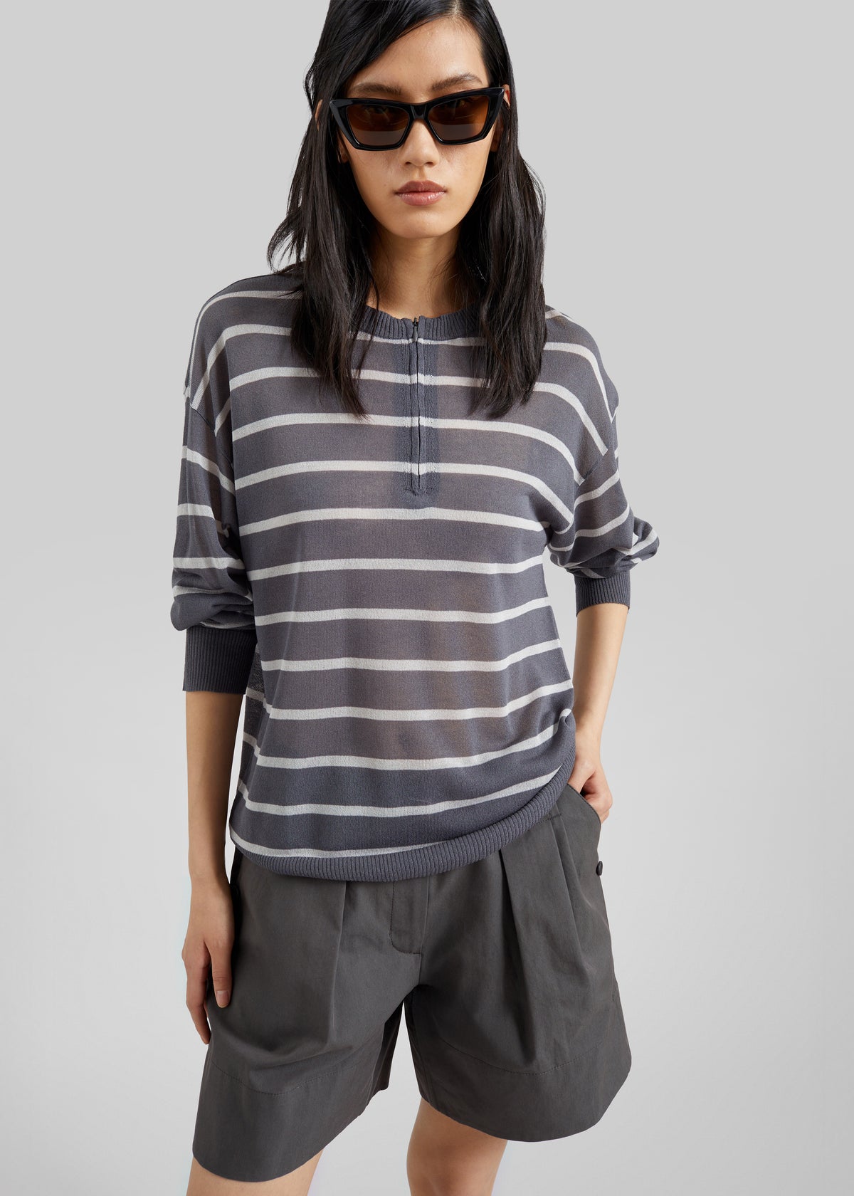 Nelas Knit Sheer Zip Pullover - Grey Stripe - 3