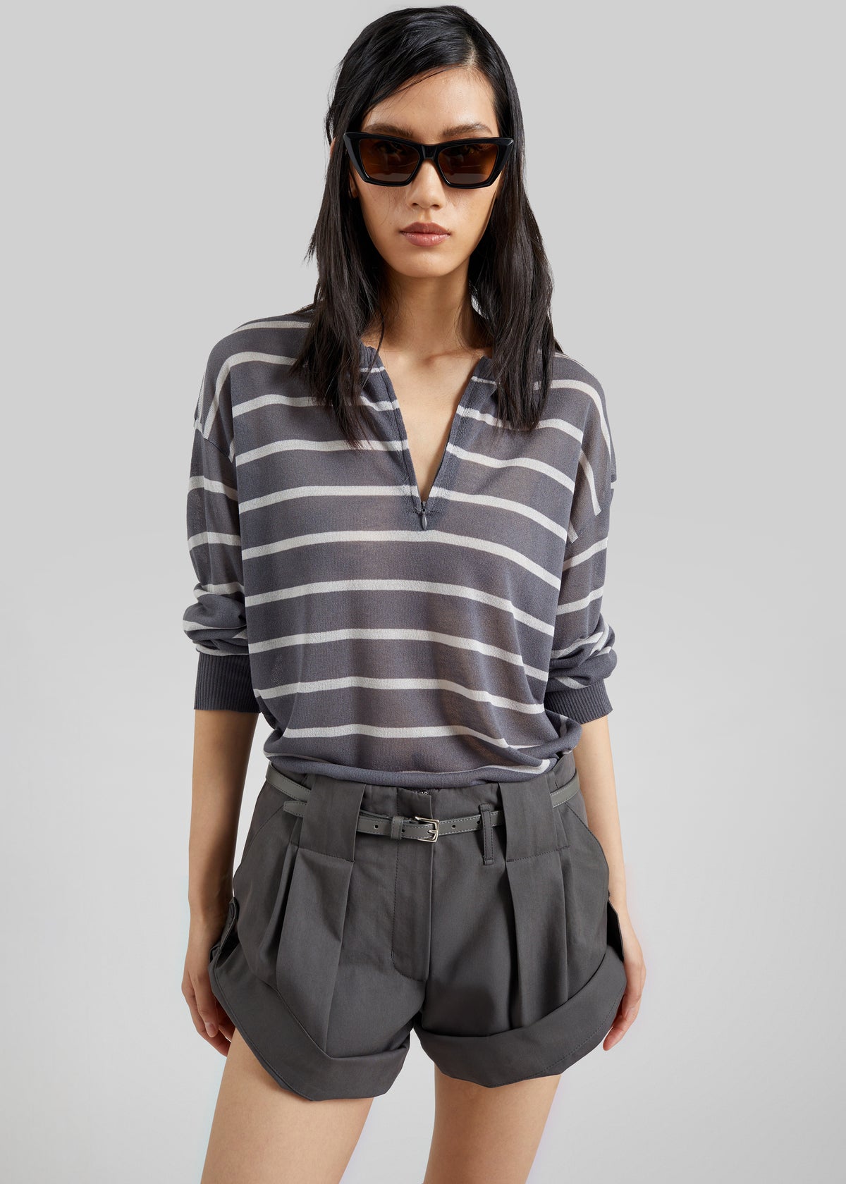 Nelas Knit Sheer Zip Pullover - Grey Stripe - 1