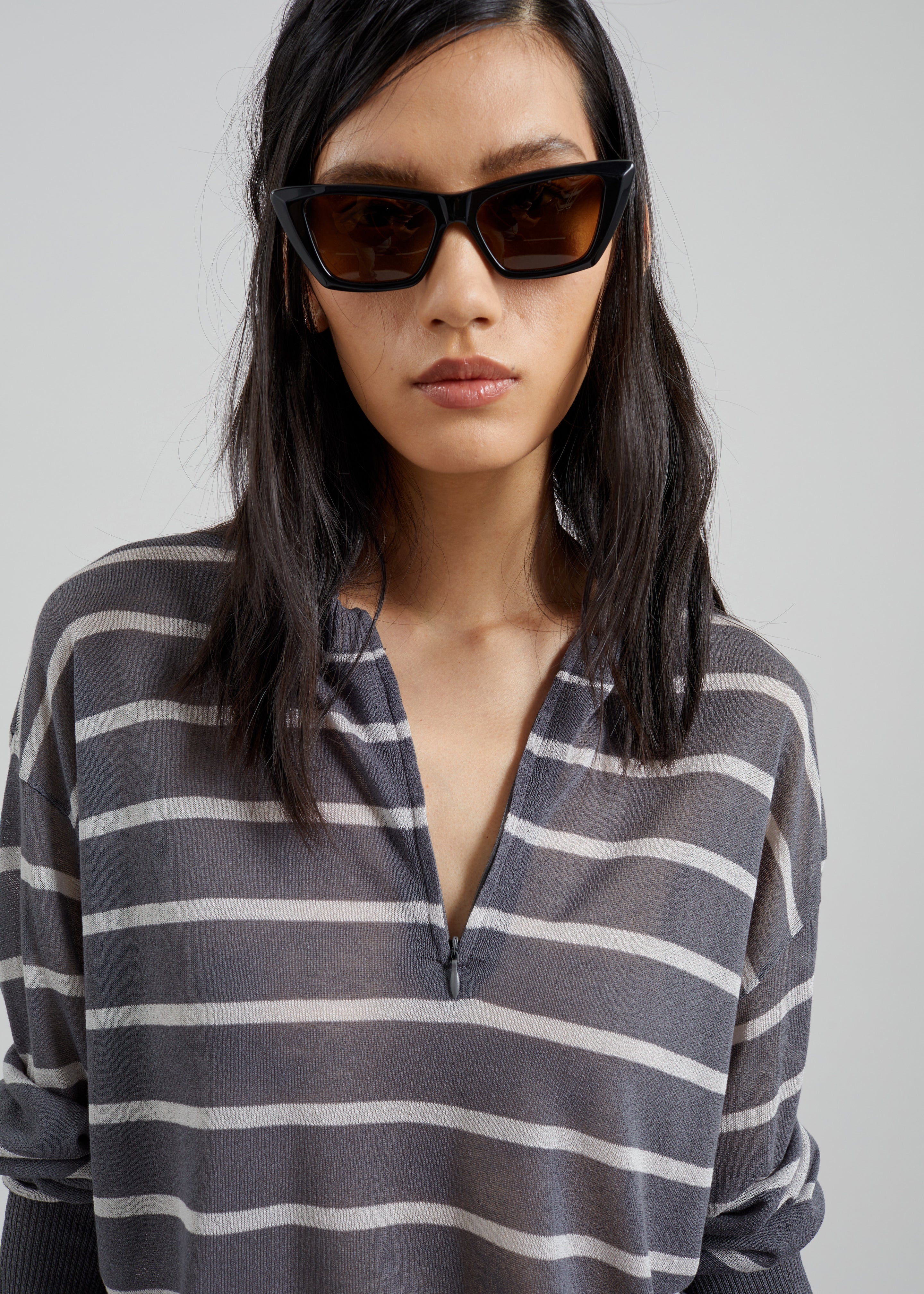 Nelas Knit Sheer Zip Pullover - Grey Stripe – The Frankie Shop