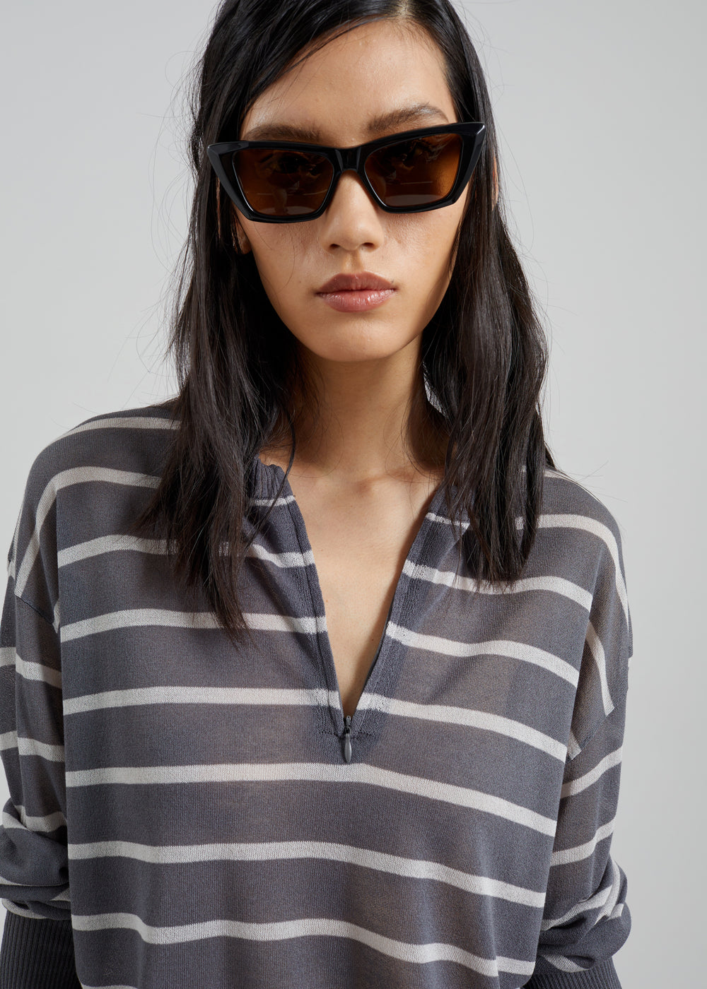 Nelas Knit Sheer Zip Pullover - Grey Stripe - 1