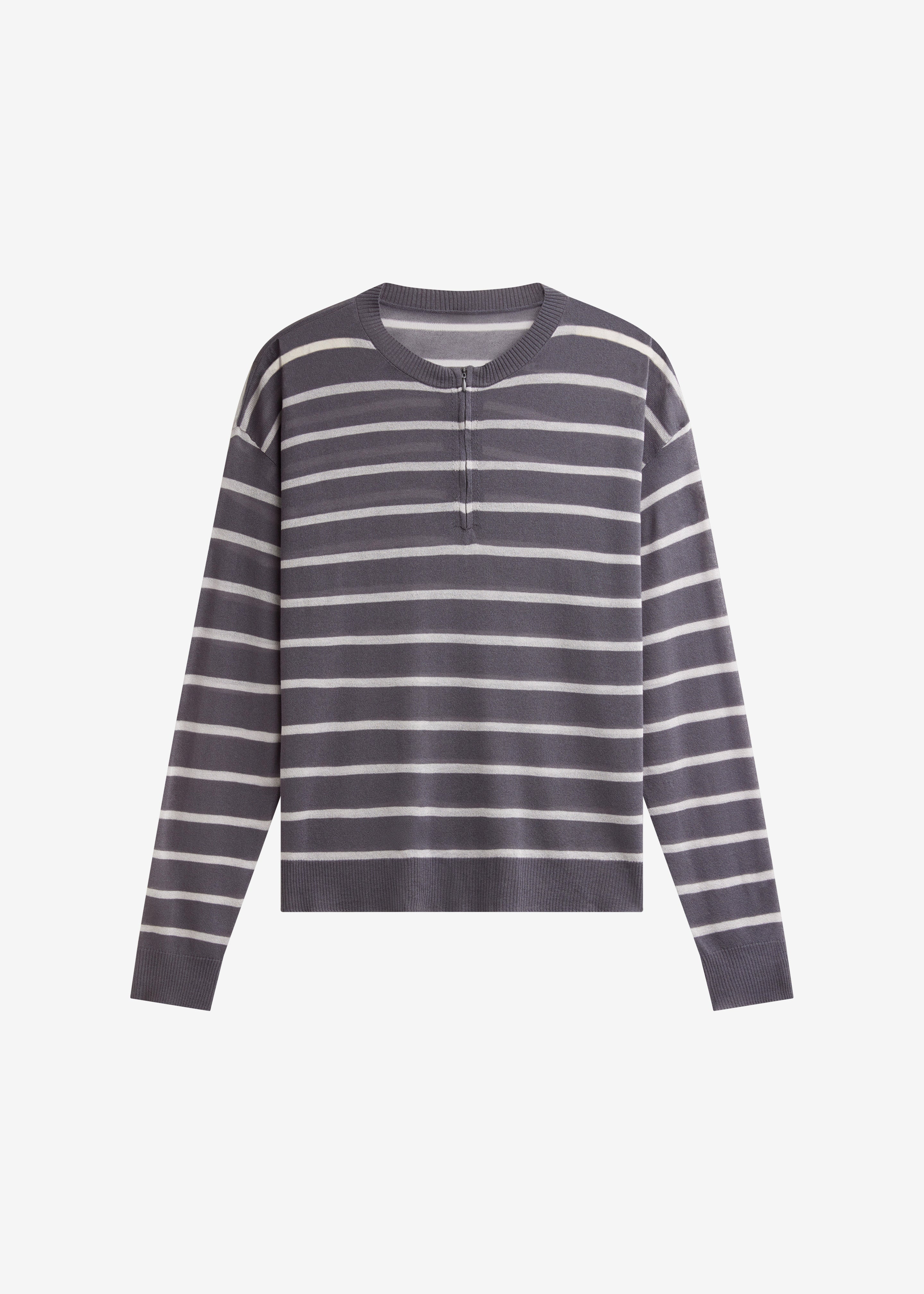 Nelas Knit Sheer Zip Pullover - Grey Stripe - 9