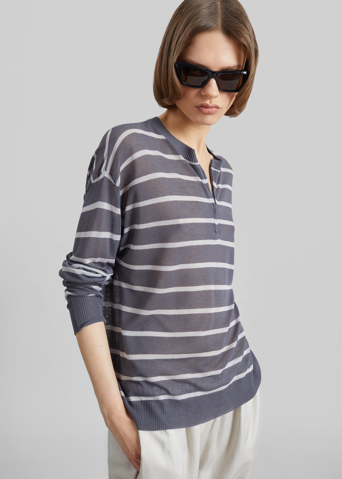 Nelas Knit Sheer Zip Pullover - Grey Stripe - 7