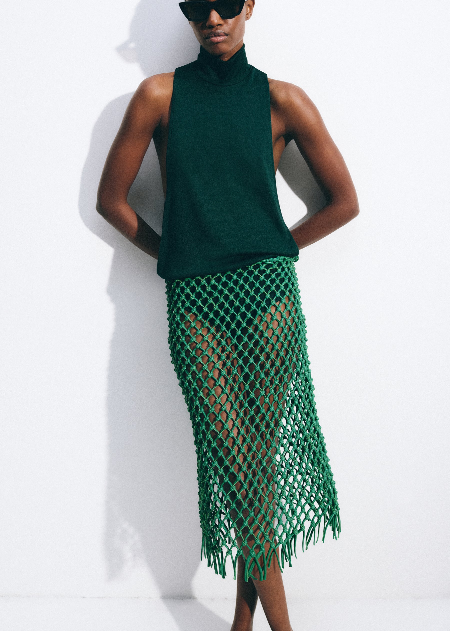 Mystique Jacquard Jumper Skirt　グリーン Nelaya Leather Macrame Skirt - Emerald – The Frankie Shop