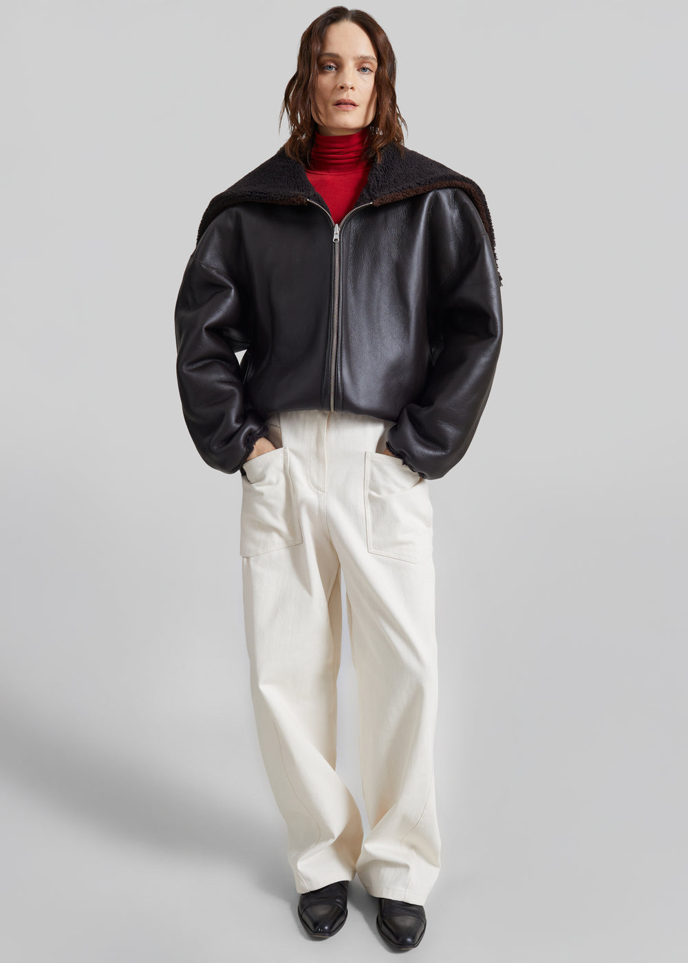 Nera Shearling Reversible Zip-Up Hooded Jacket - Dark Brown - 1