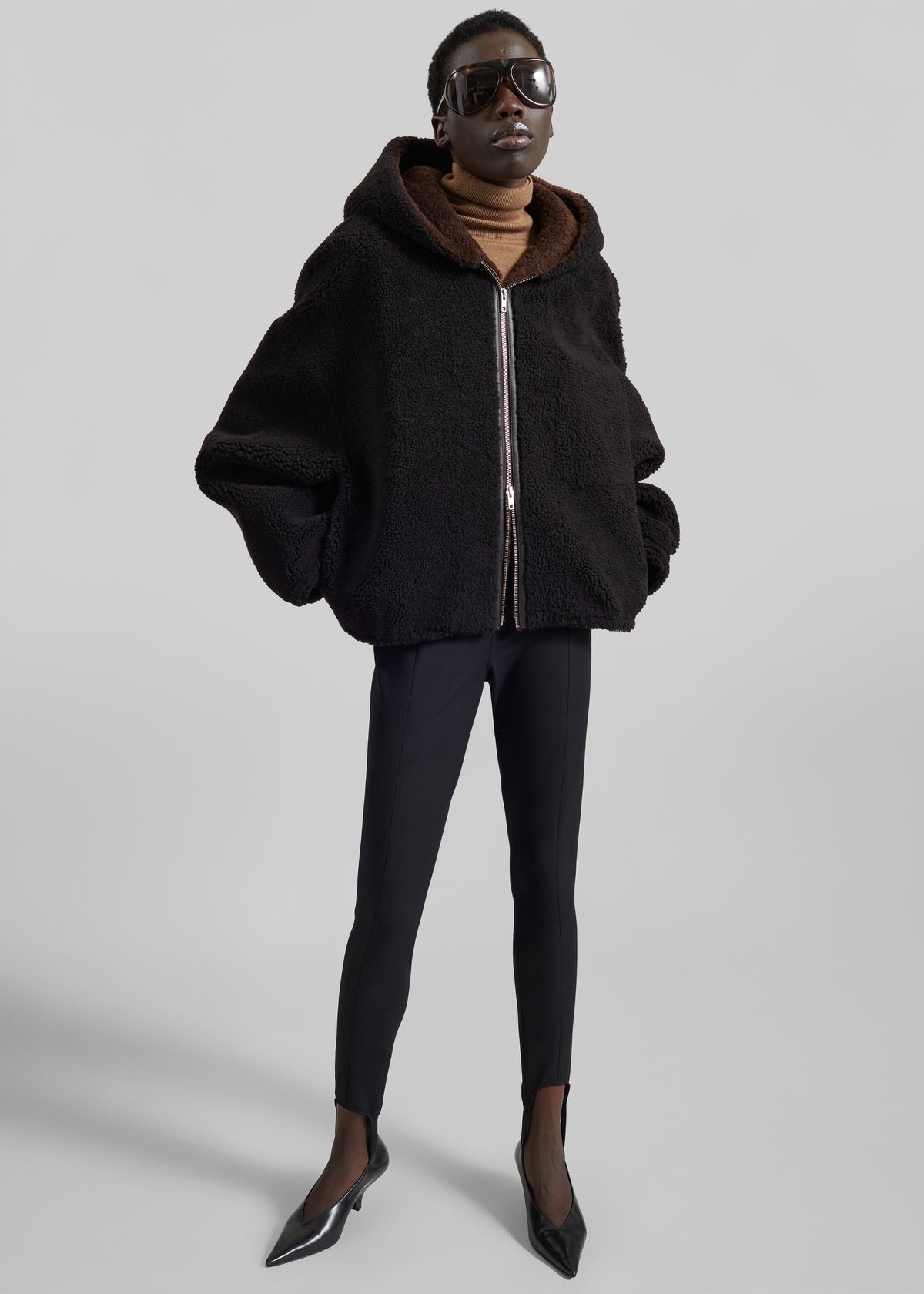 Nera Shearling Reversible Zip-Up Hooded Jacket - Dark Brown