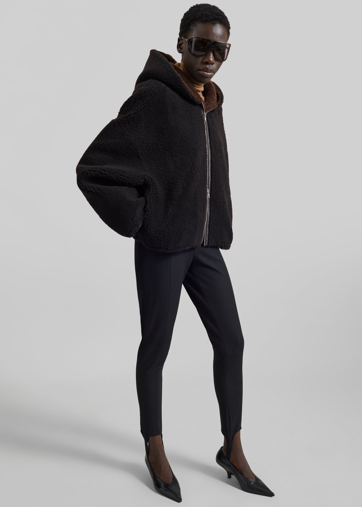 Nera Shearling Reversible Zip-Up Hooded Jacket - Dark Brown
