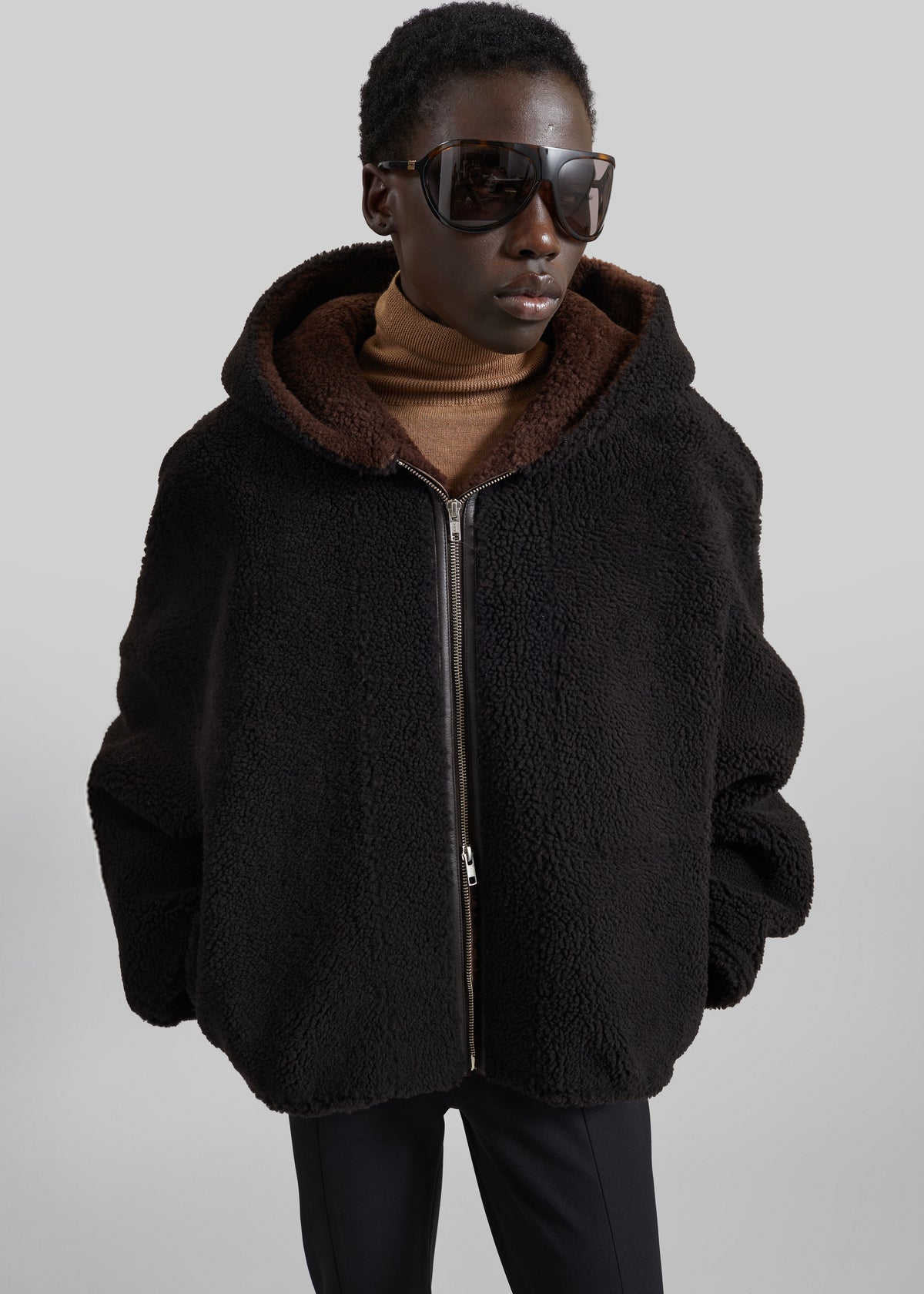 Nera Shearling Reversible Zip-Up Hooded Jacket - Dark Brown