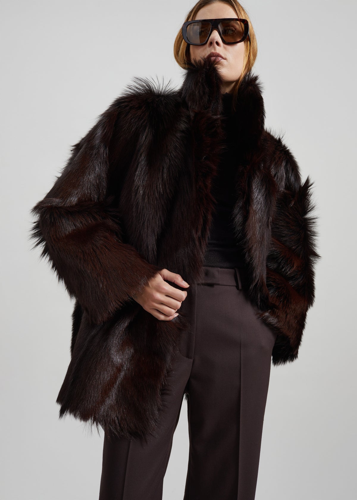 Nerola Funnel Neck Fur Coat - Plum - 1