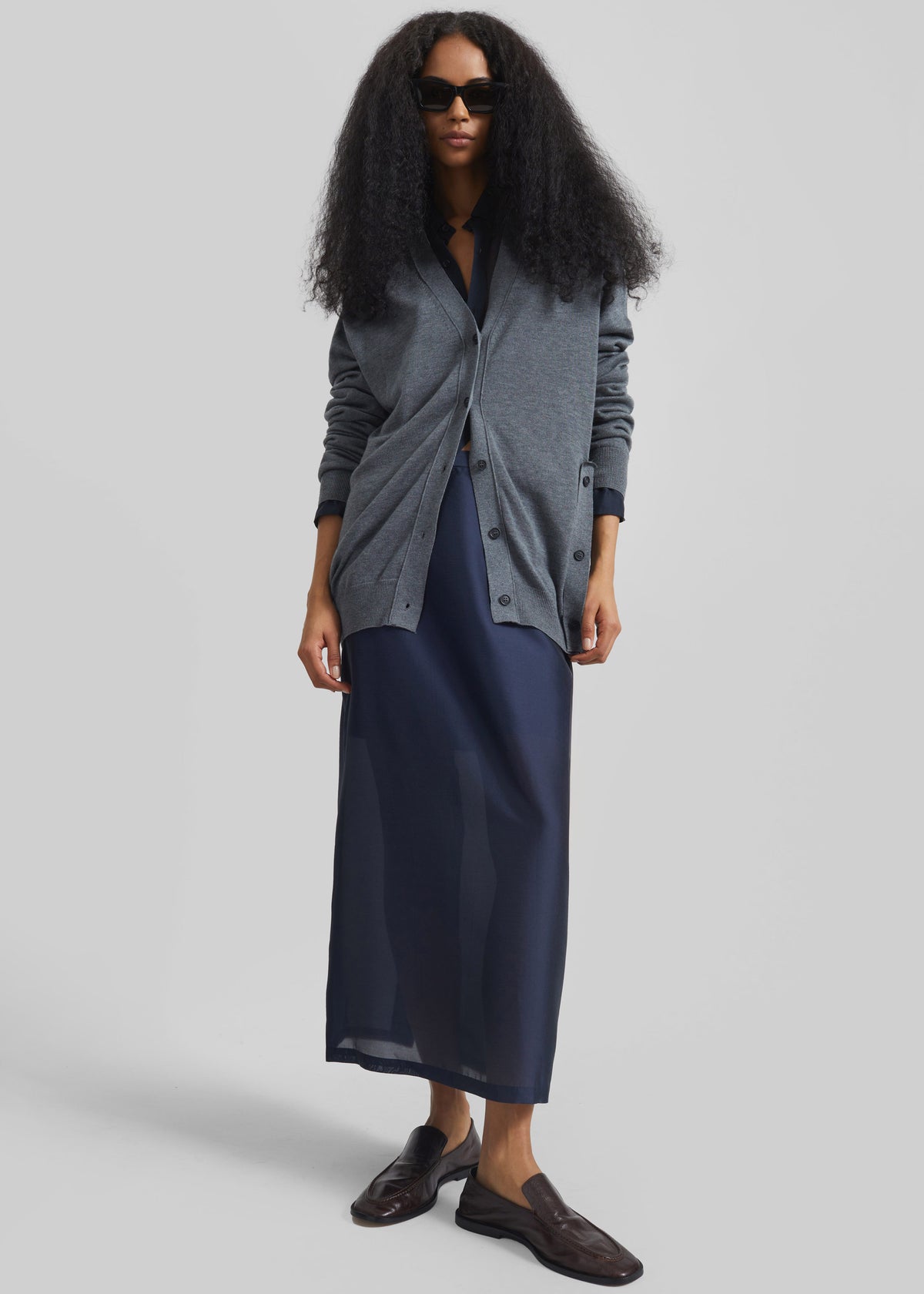 Nevoy Sheer Midi Skirt - Navy - 2