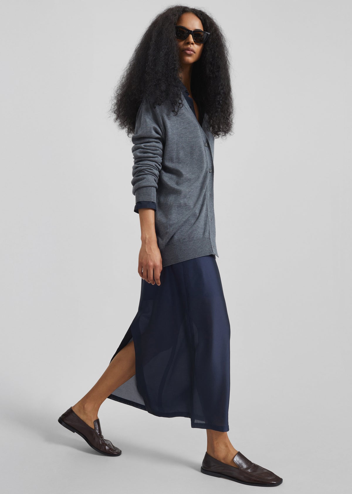 Nevoy Sheer Midi Skirt - Navy - 1