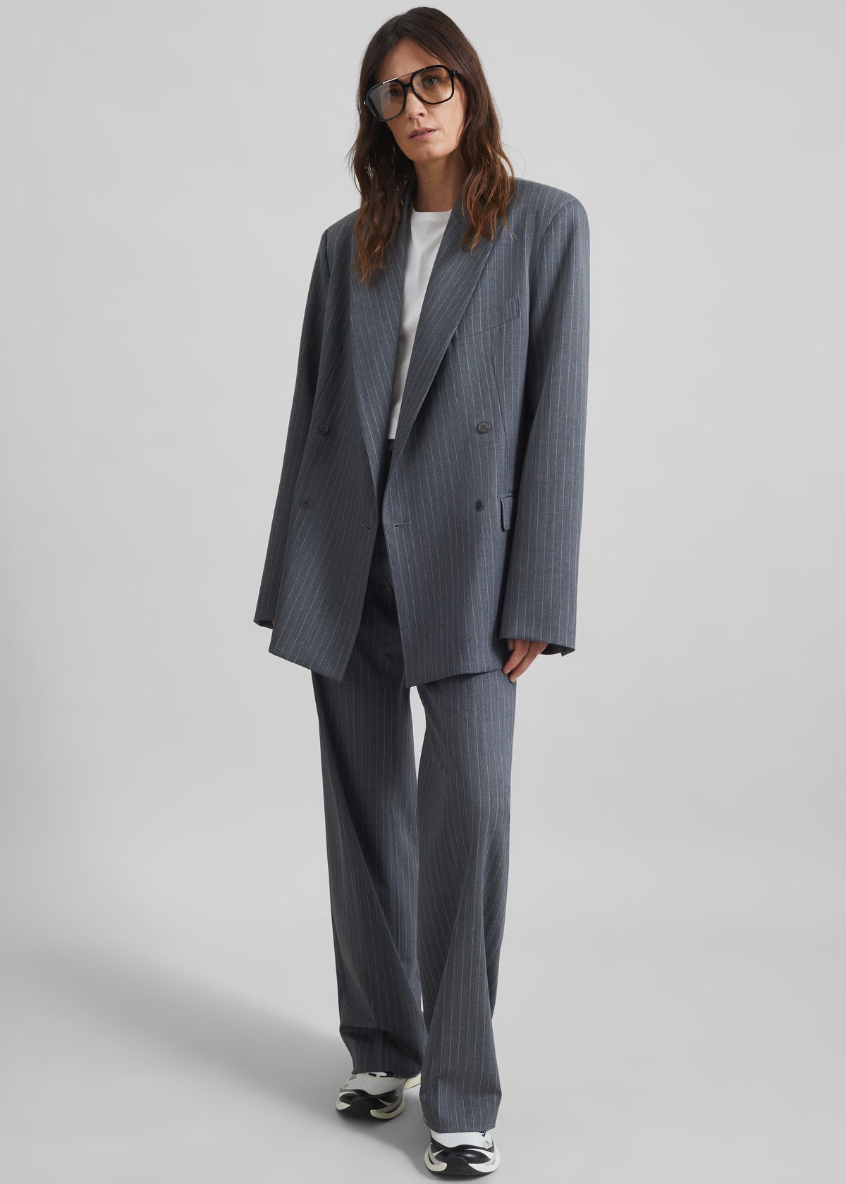 Newark Double Breasted Blazer - Grey/White Pinstripe