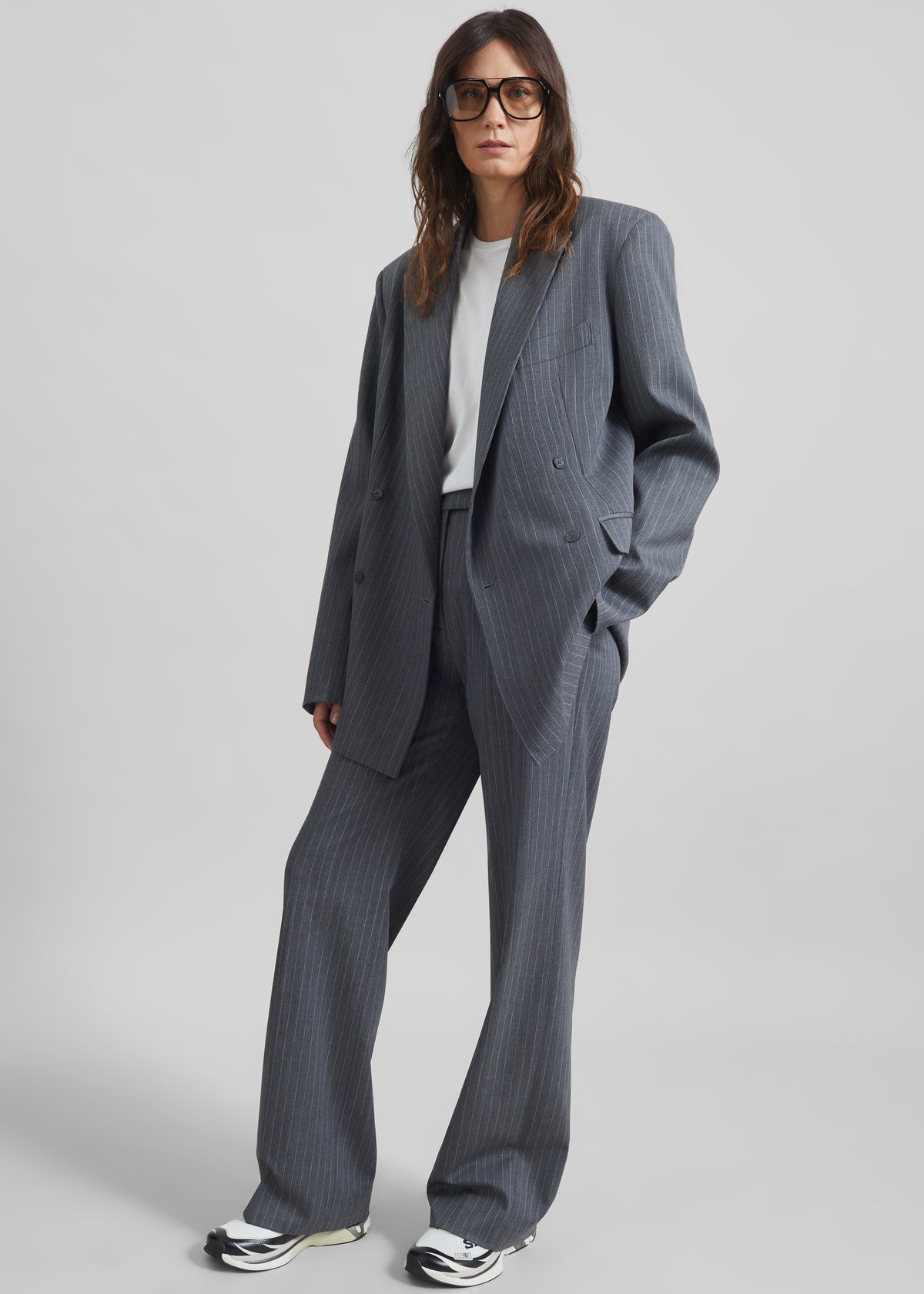 Newark Double Breasted Blazer - Grey/White Pinstripe