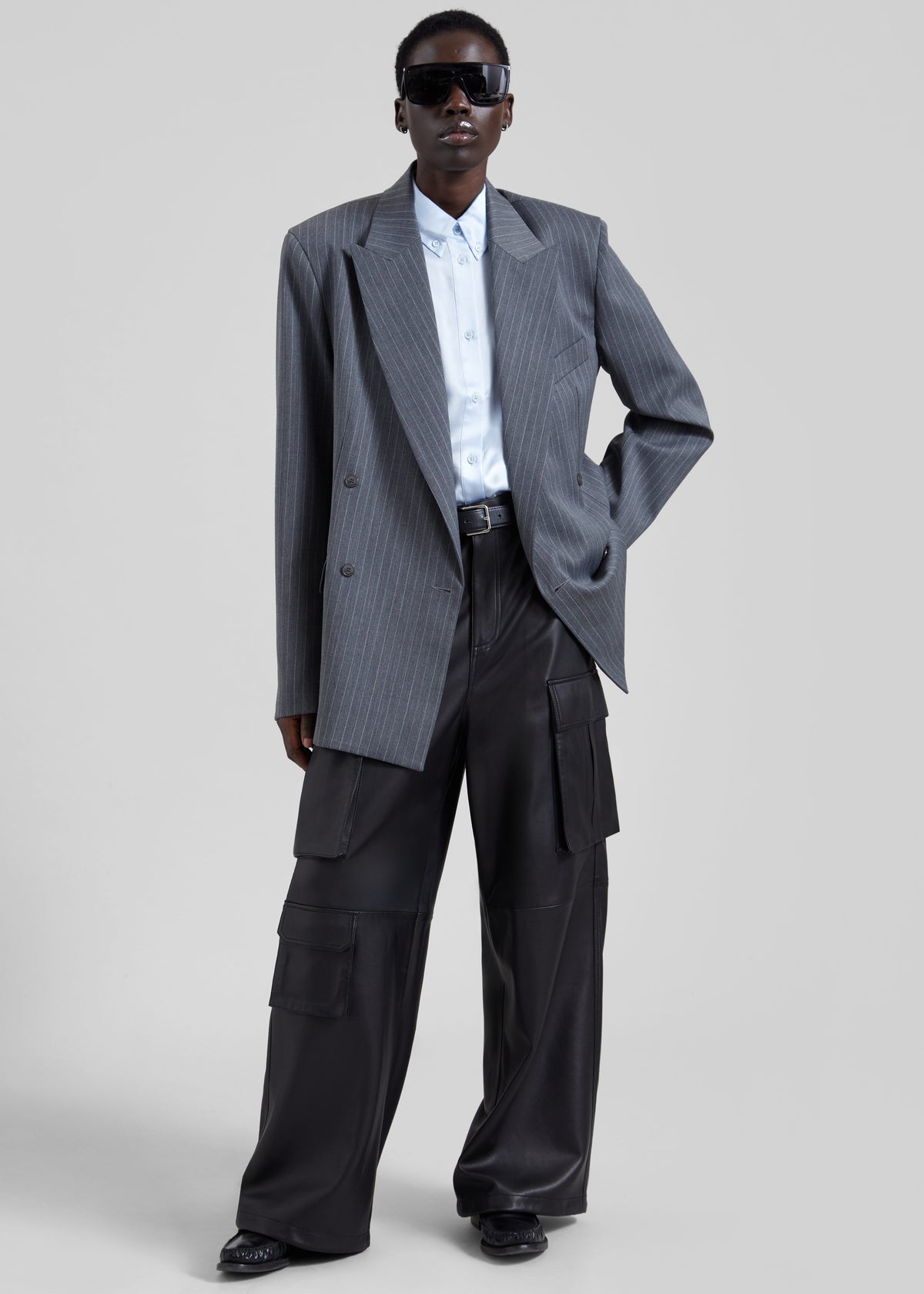 Newark Double Breasted Blazer - Grey/White Pinstripe