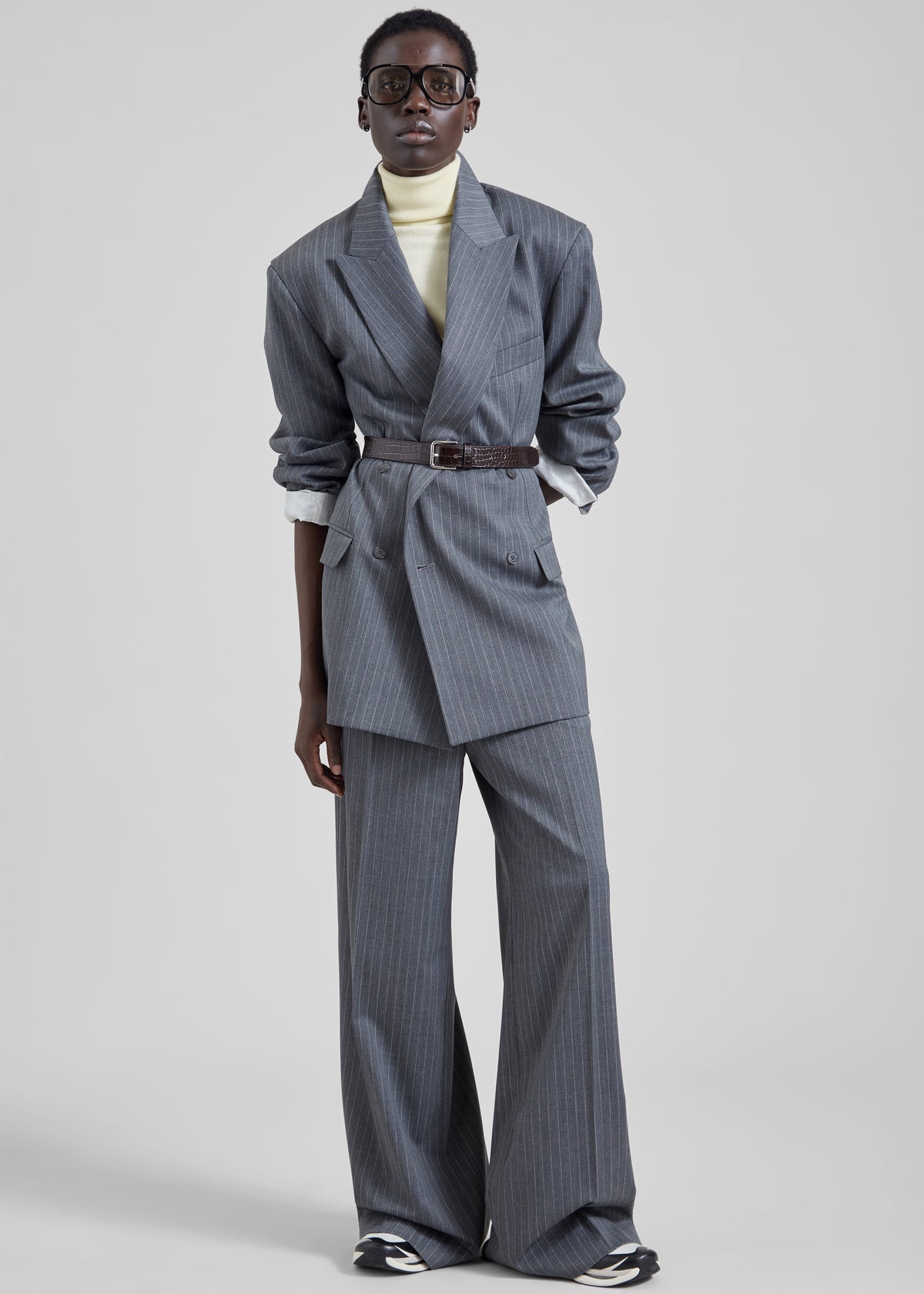 Newark Double Breasted Blazer - Grey/White Pinstripe