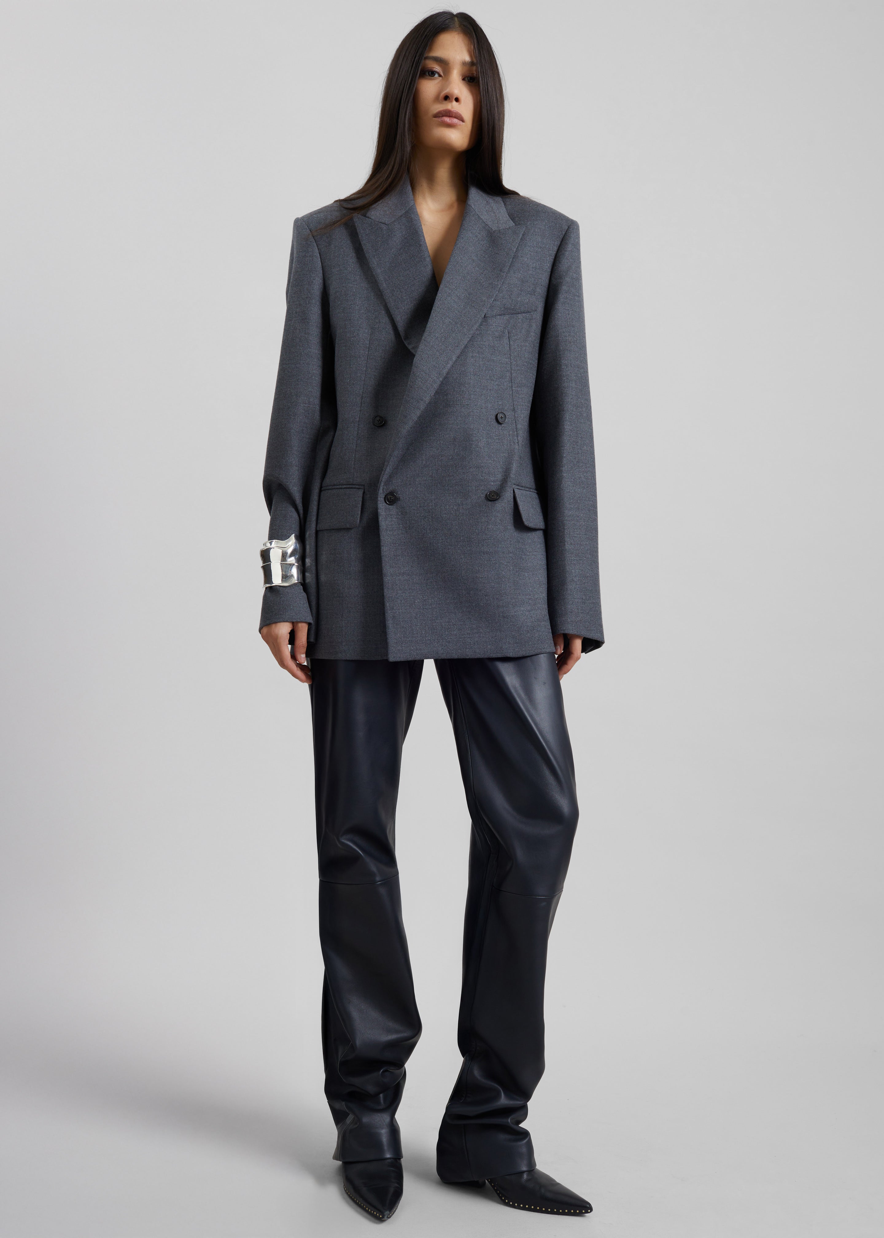 Newark Flannel Double Breasted Blazer - Grey Melange - 3