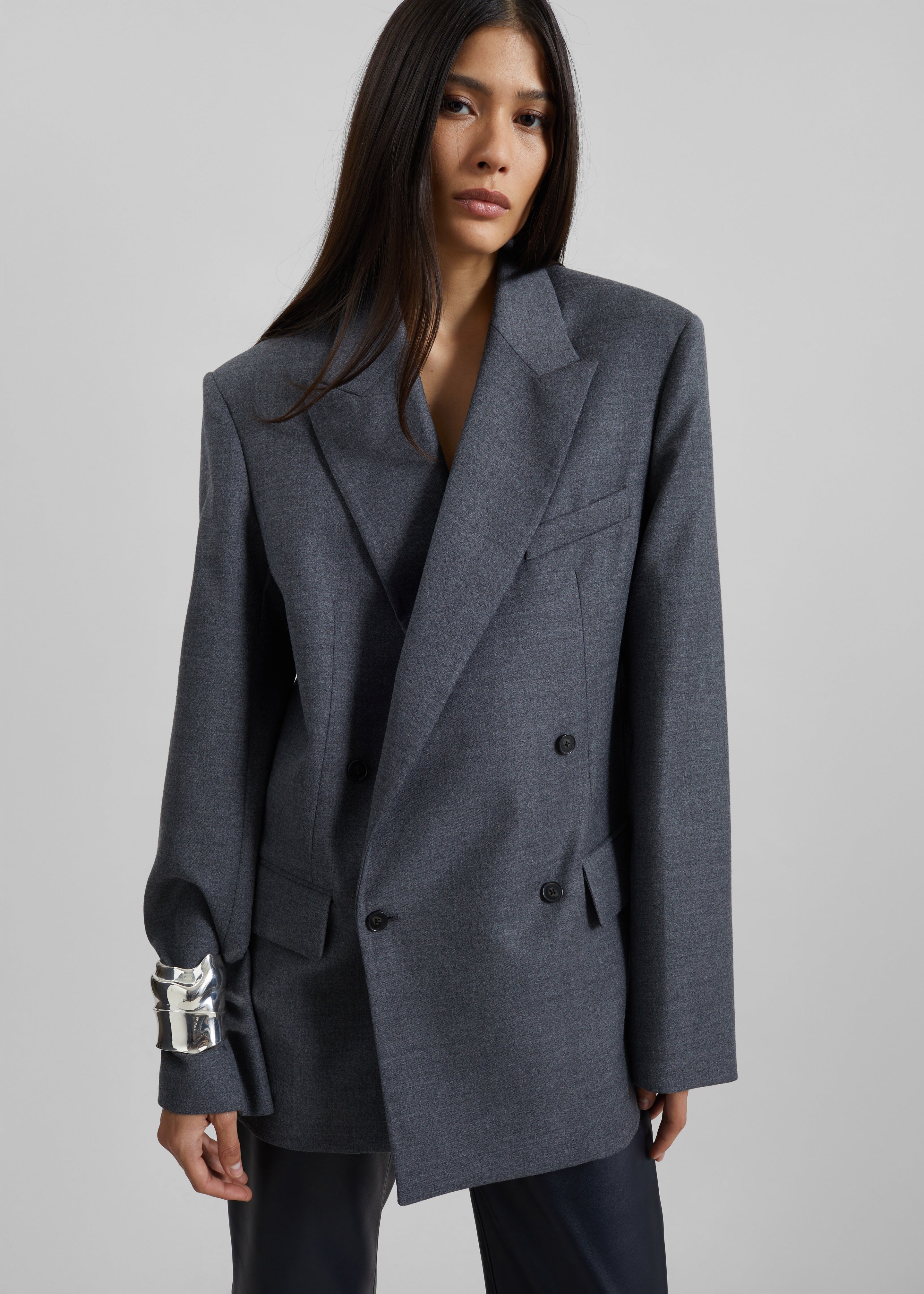 Newark Flannel Double Breasted Blazer - Grey Melange - 4