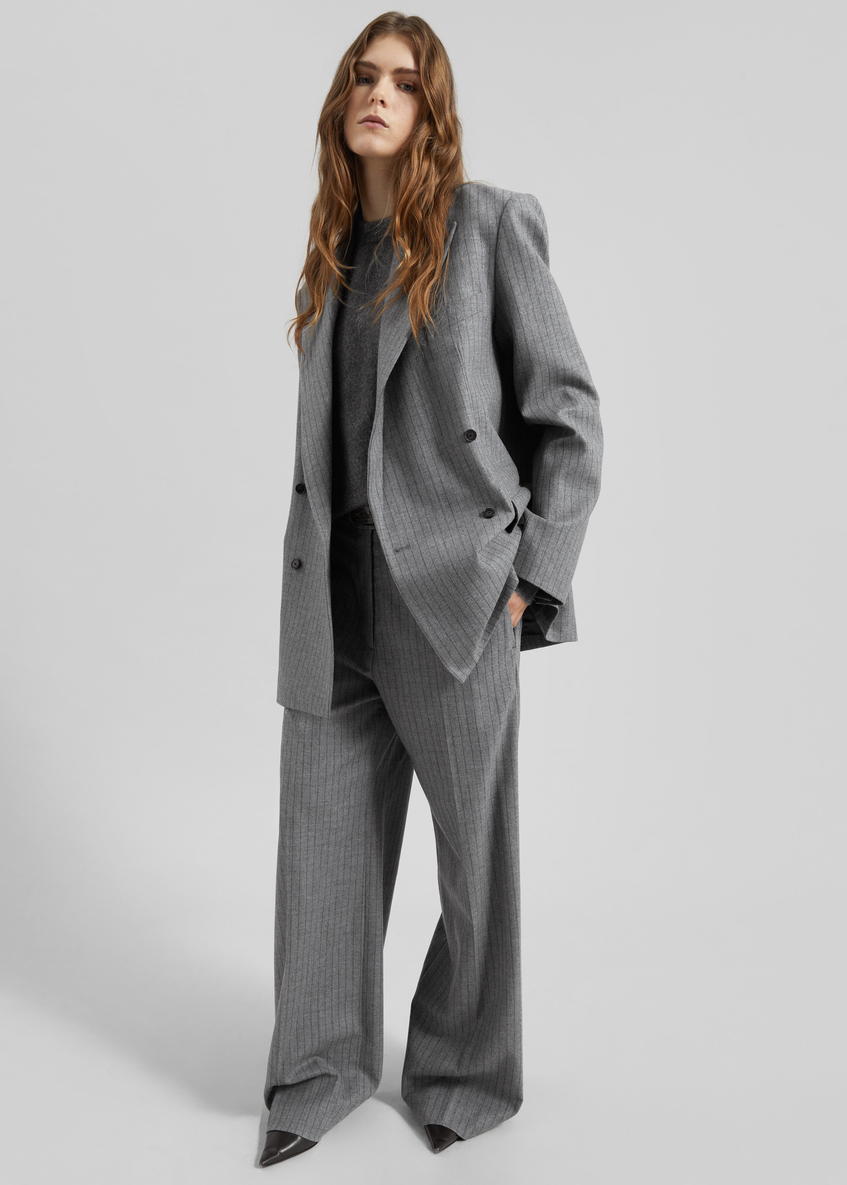 Newark Pinstripe Double Breasted Blazer - Grey/Brown – The Frankie
