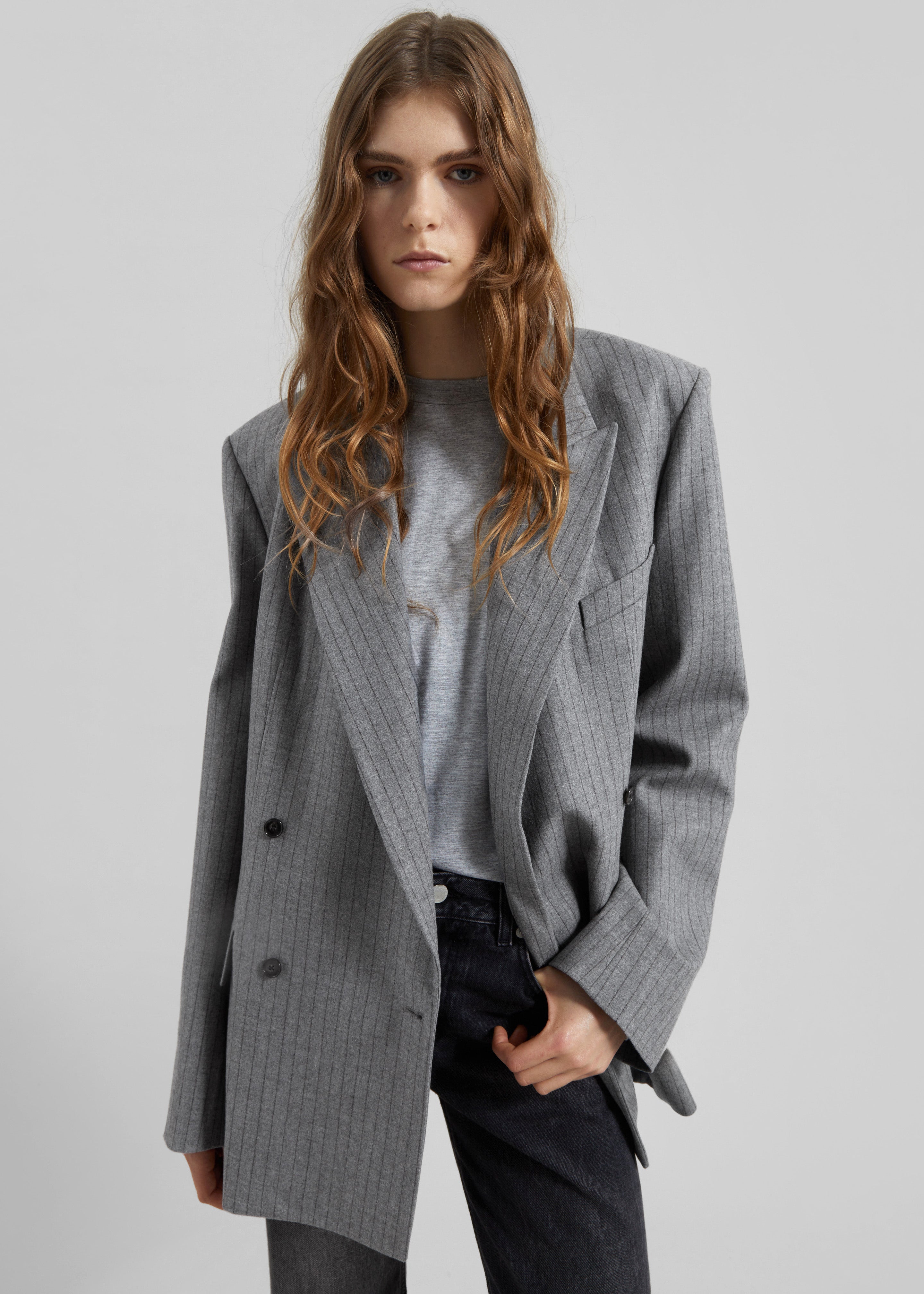 Newark Pinstripe Double Breasted Blazer - Grey/Brown - 1