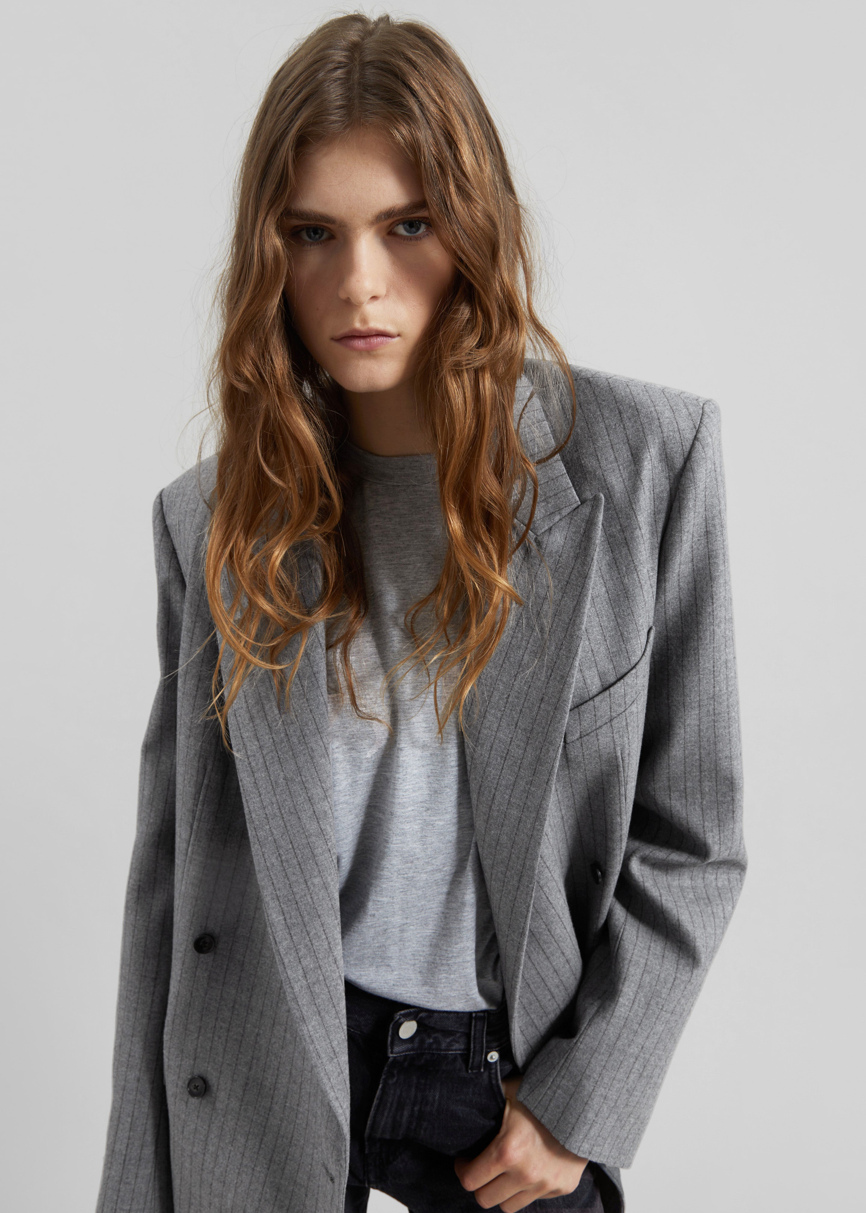 Newark Pinstripe Double Breasted Blazer - Grey/Brown – The Frankie