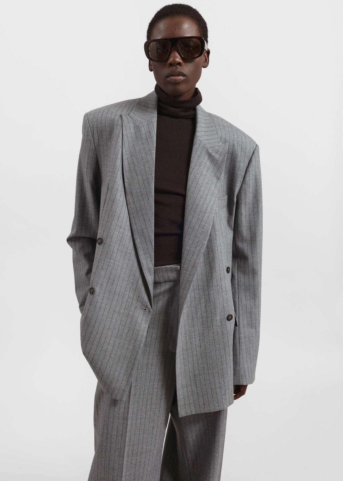 Newark Pinstripe Double Breasted Blazer - Grey/Brown - 8