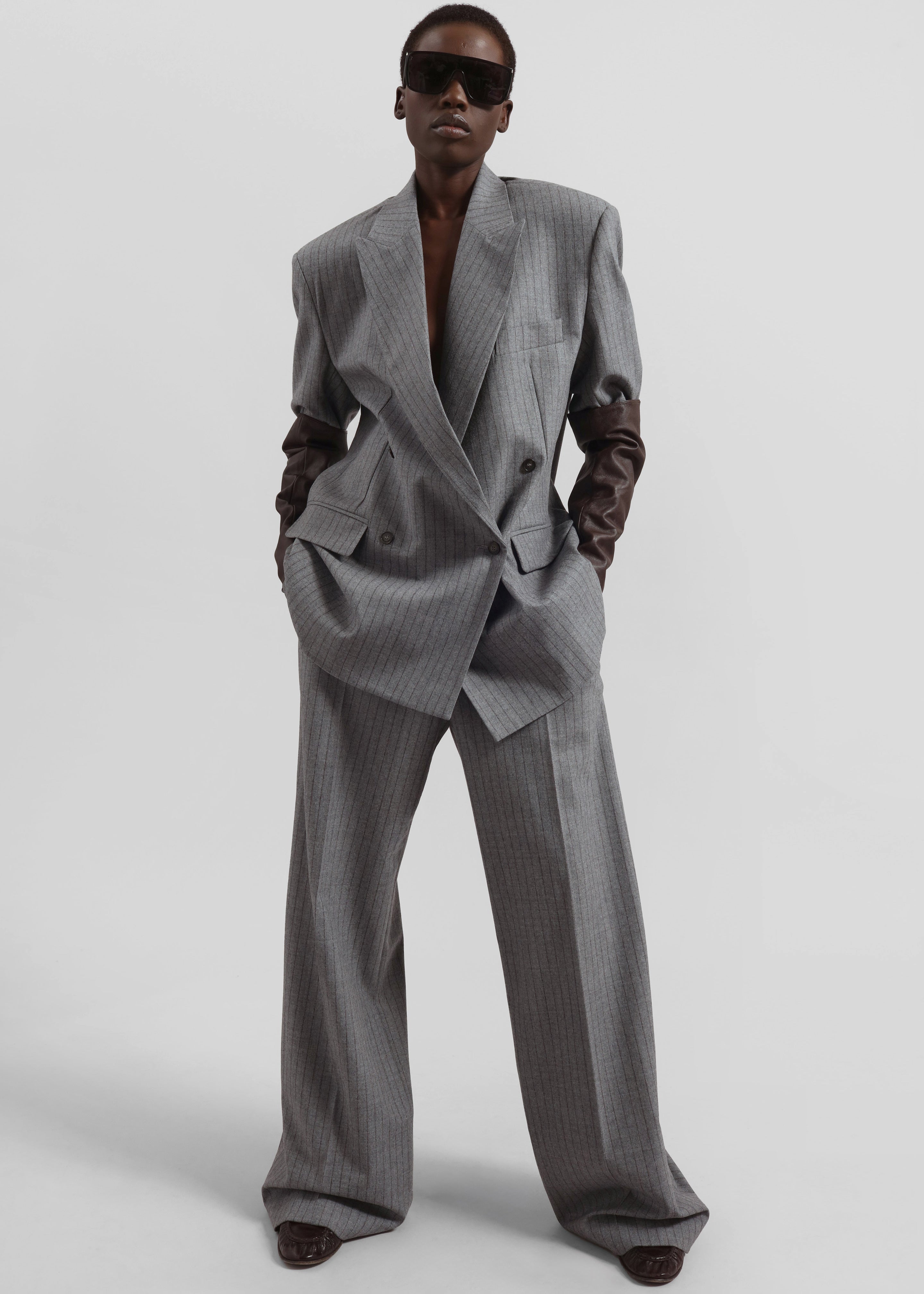 Newark Pinstripe Double Breasted Blazer - Grey/Brown - 6