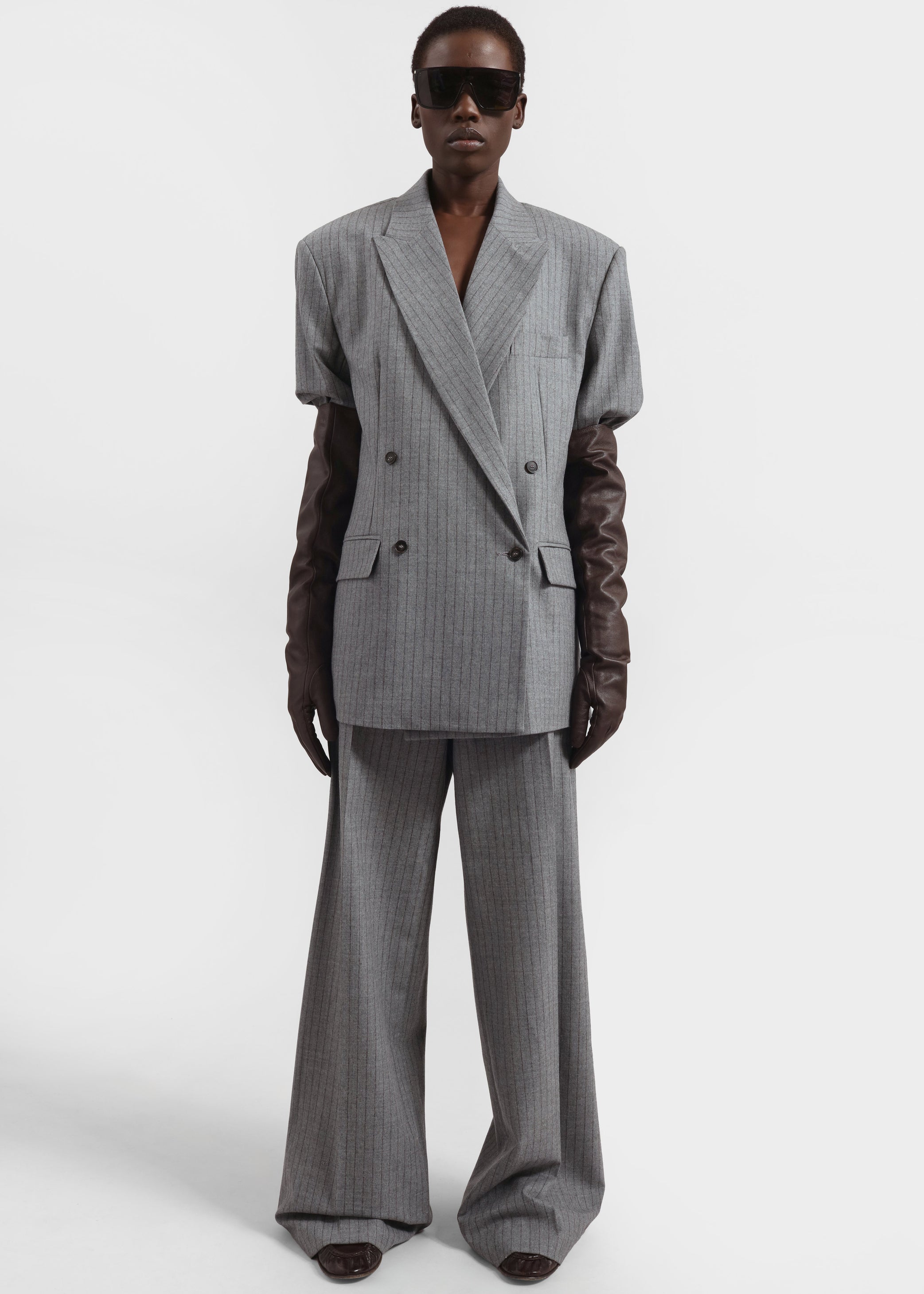 Shop the look image for Newark Pinstripe Double Breasted Blazer - Grey/Brown