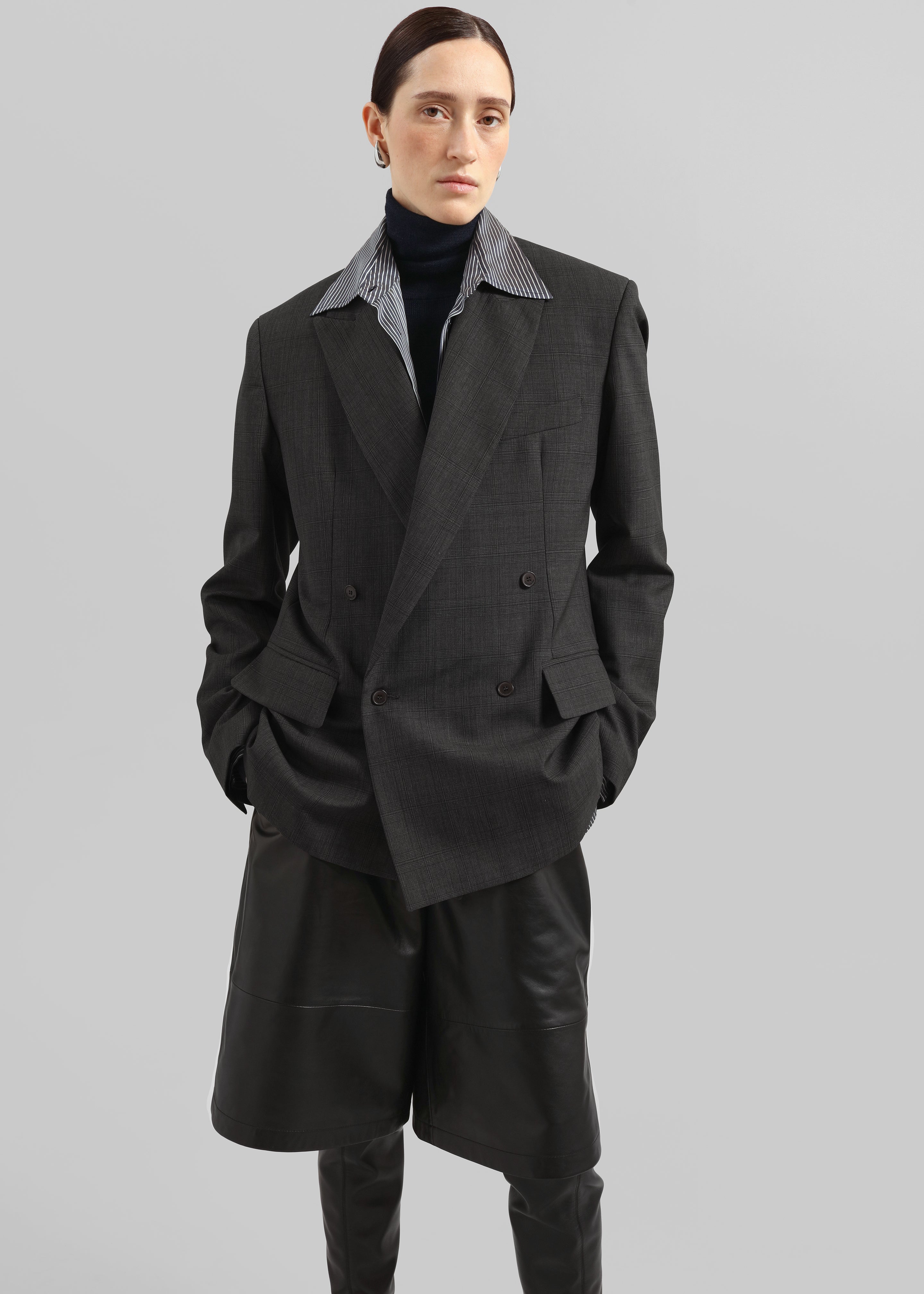 Newark Plaid Double Breasted Blazer - Dark Grey - 4