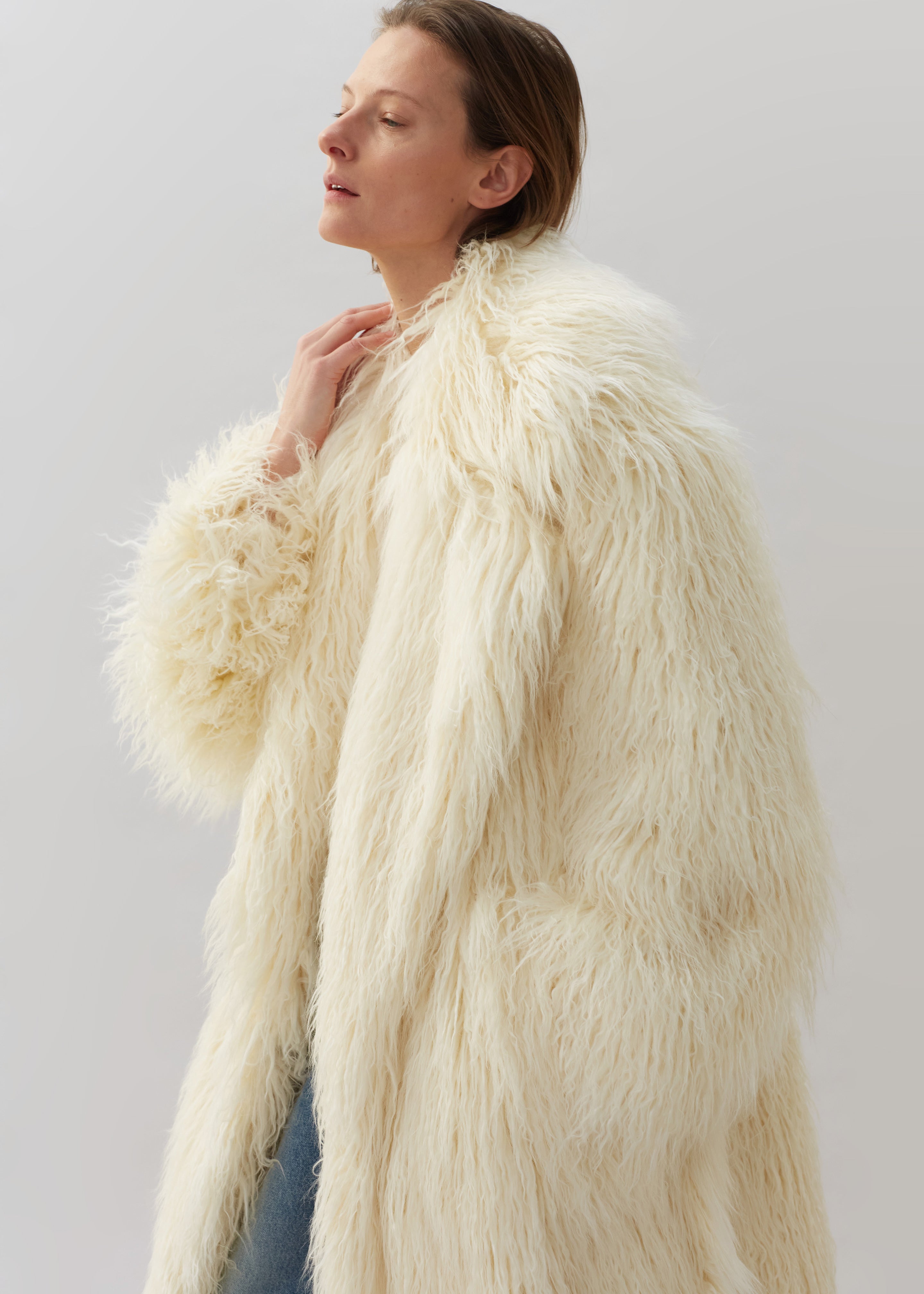 Nicole Long Faux Fur Coat - Off White - 3