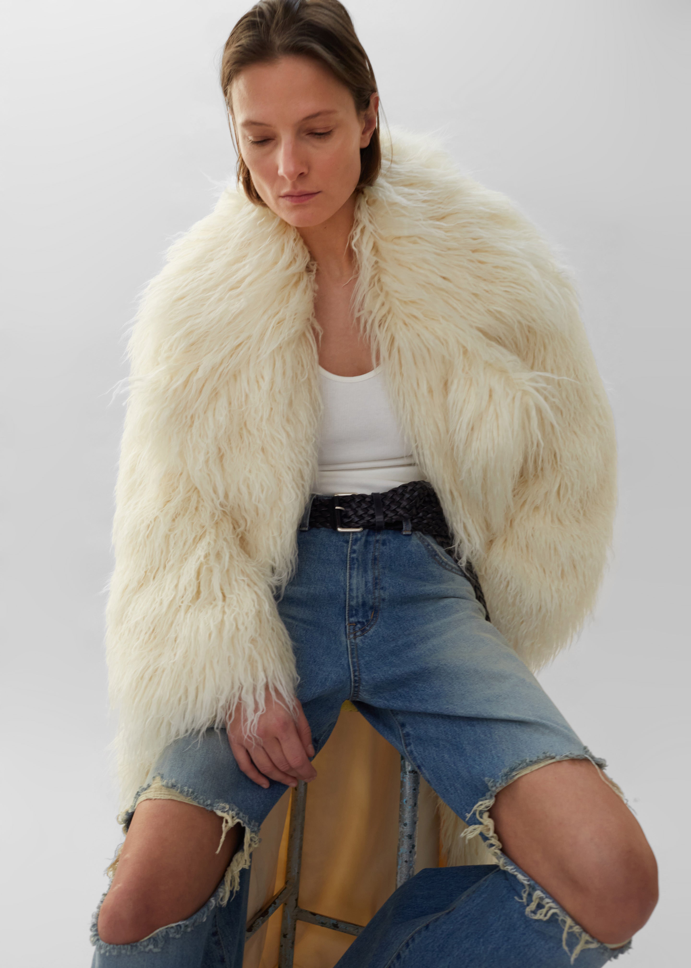 Nicole Long Faux Fur Coat - Off White - 7