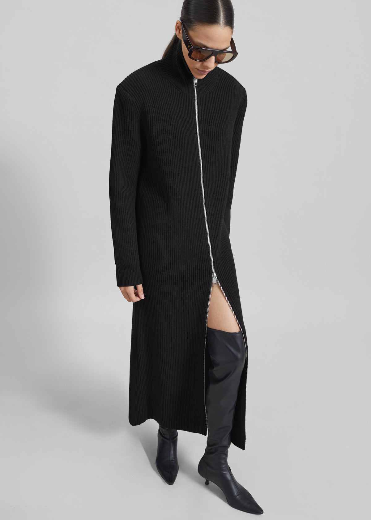 Nolia Knit Long Cardigan Dress - Black - 1