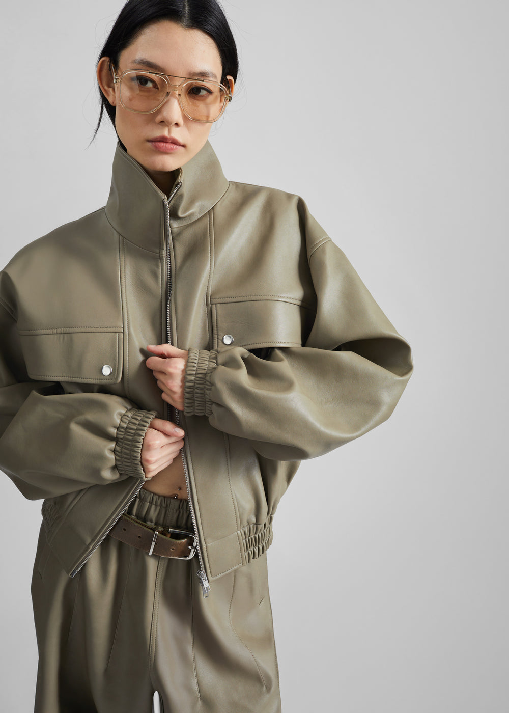 Nolita Faux Leather Bomber Jacket - Sage - 1