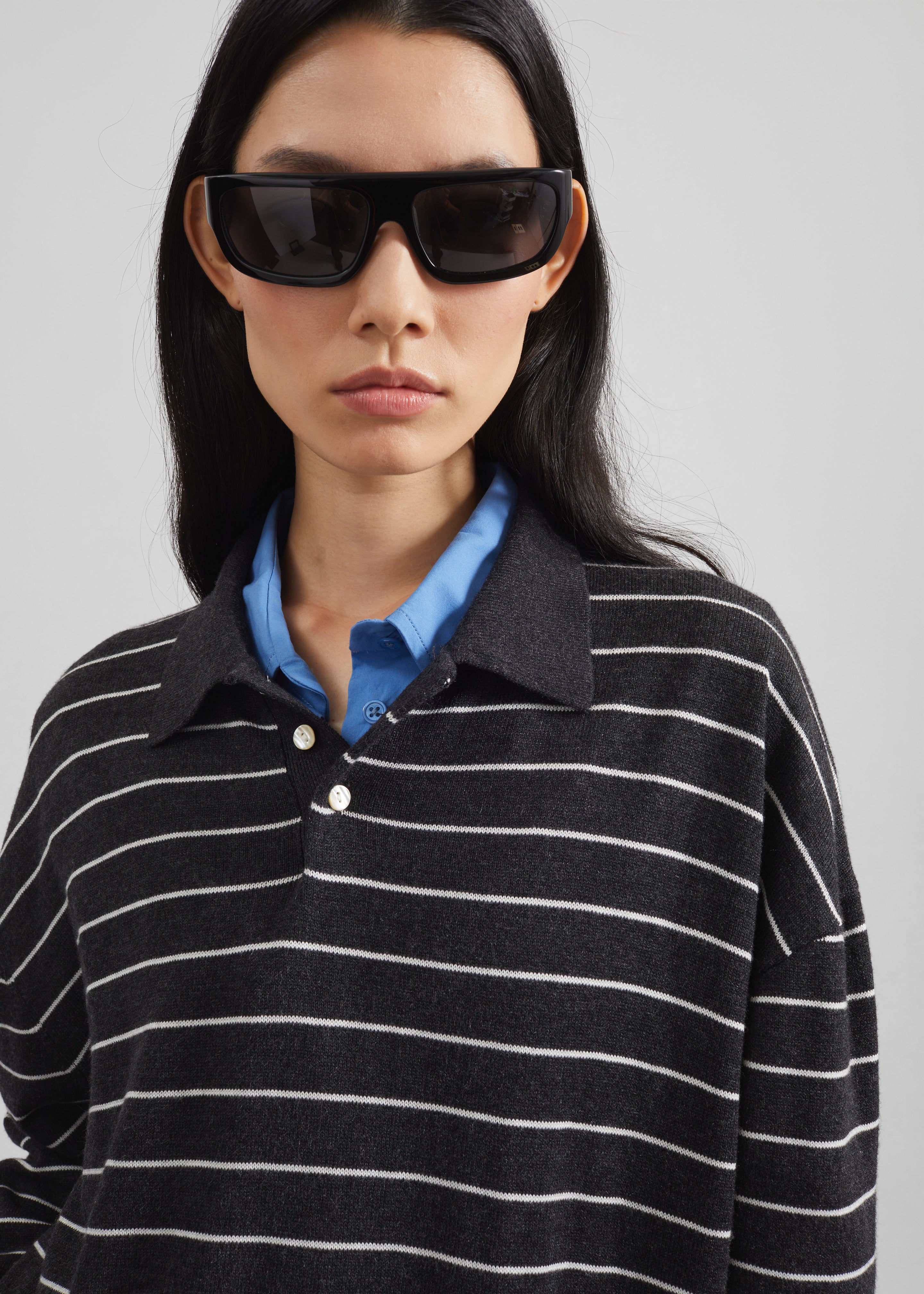 Nolma Knit Polo Sweater - Grey/White Stripe - 3