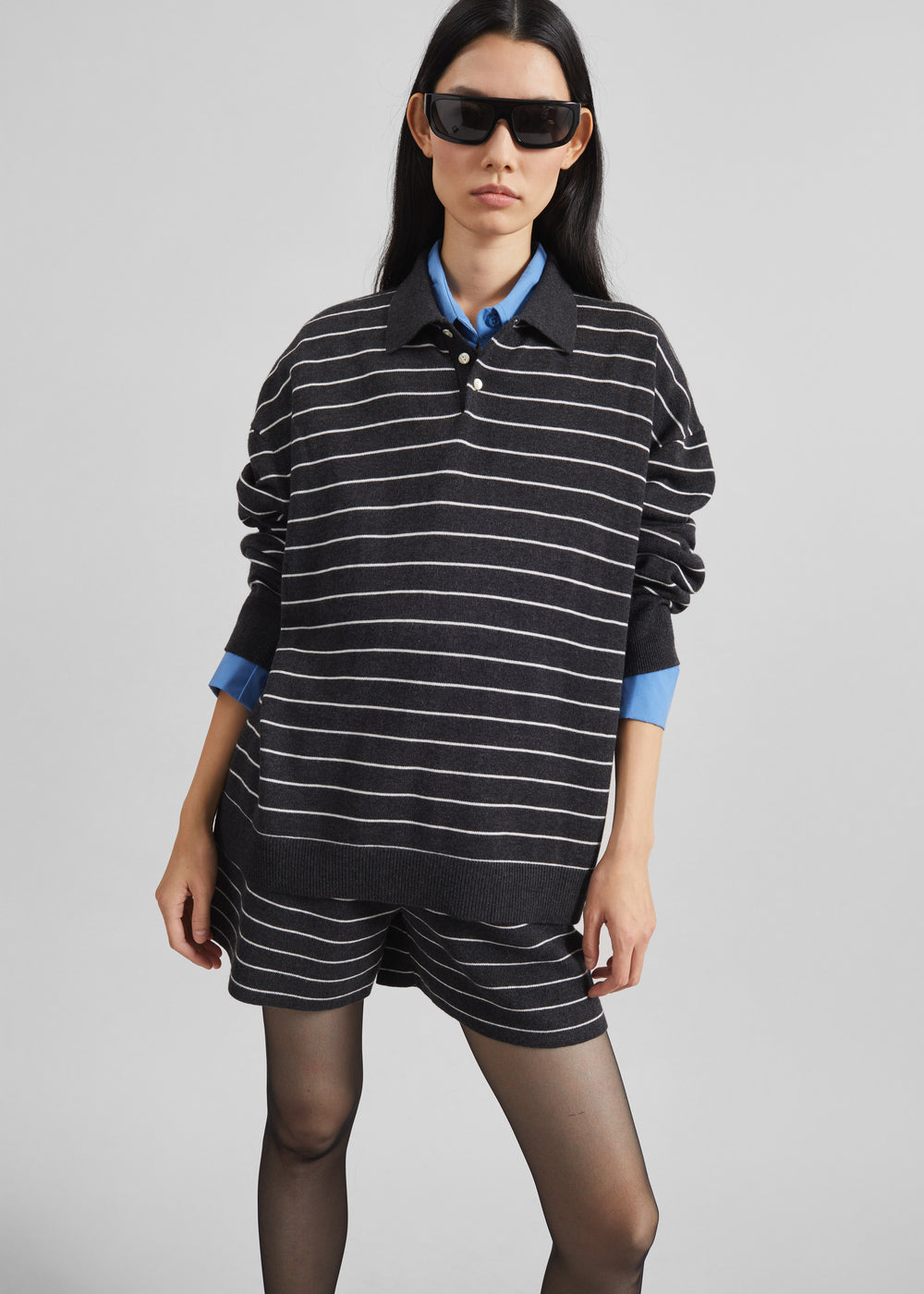 Nolma Knit Polo Sweater - Grey/White Stripe - 1