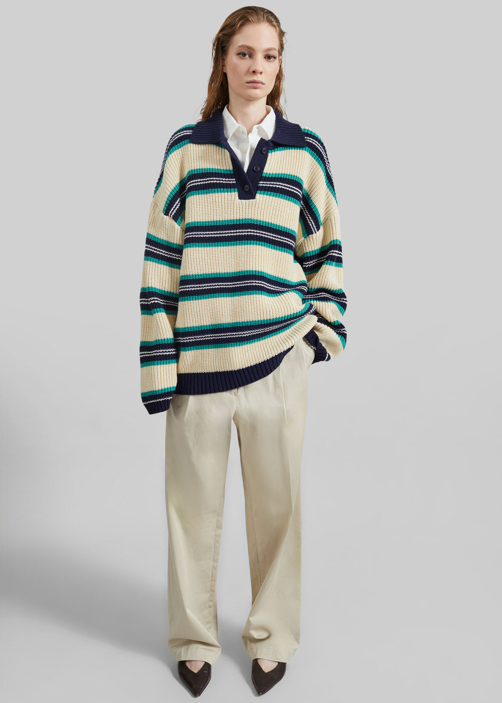 Nordby Knit Polo Sweater - Cream/Navy Stripe