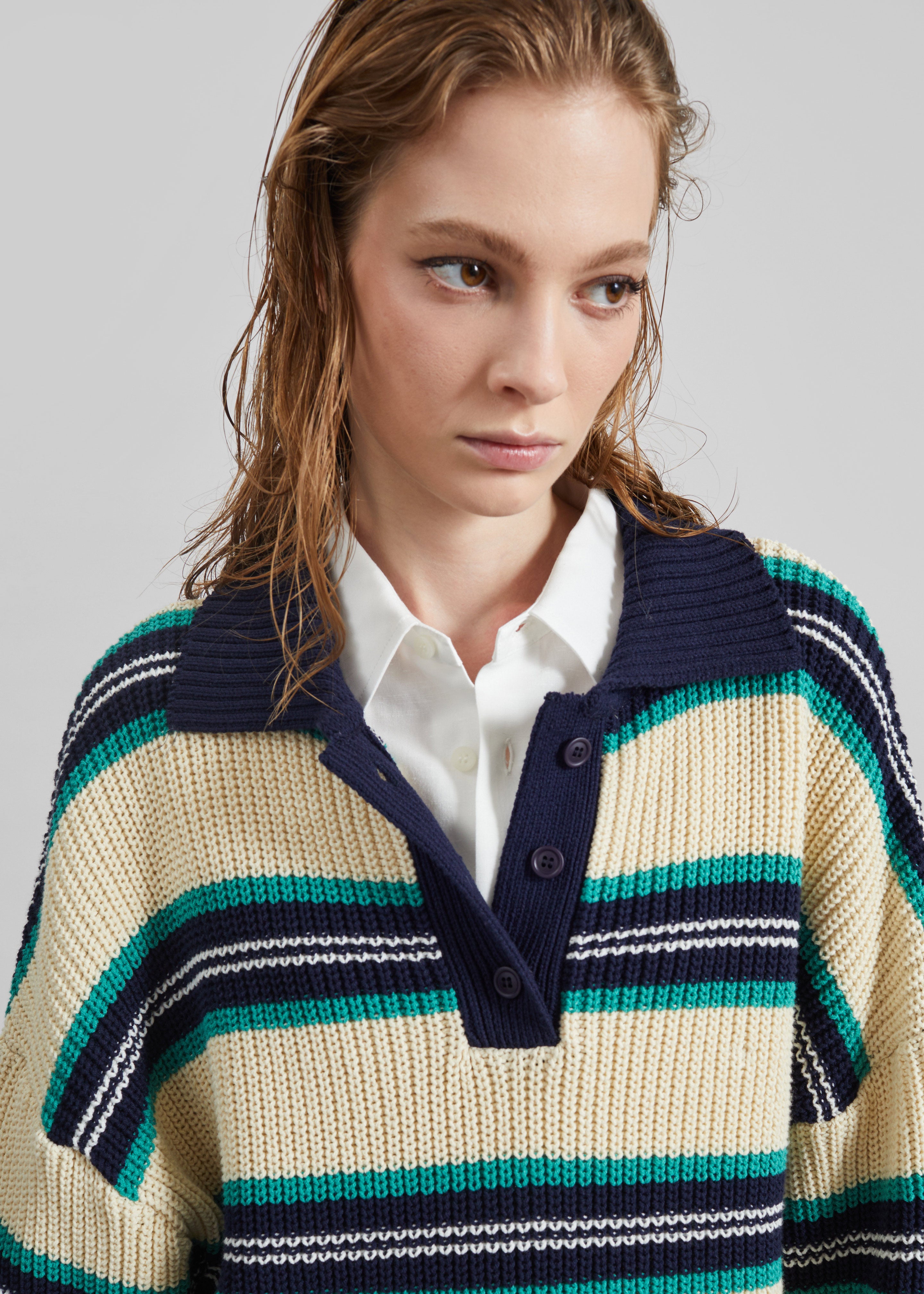 Nordby Knit Polo Sweater - Cream/Navy Stripe - 2